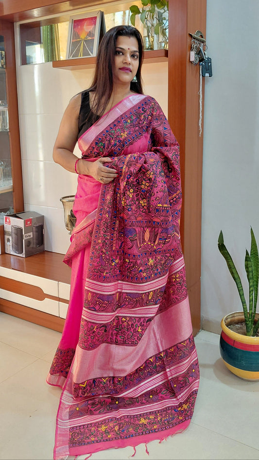 Soft Pink Linen Madhubani Saree | Rangika Studio