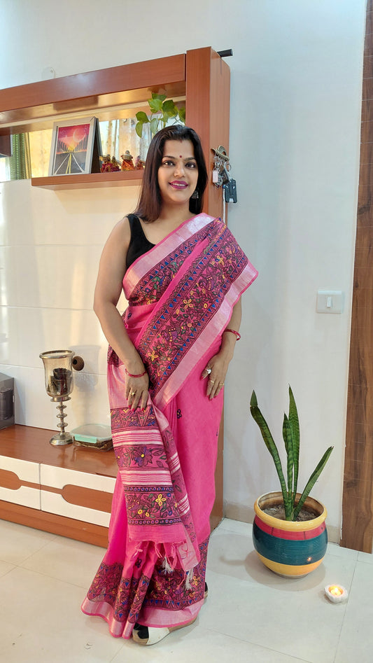 Soft Pink Linen Madhubani Saree | Rangika Studio