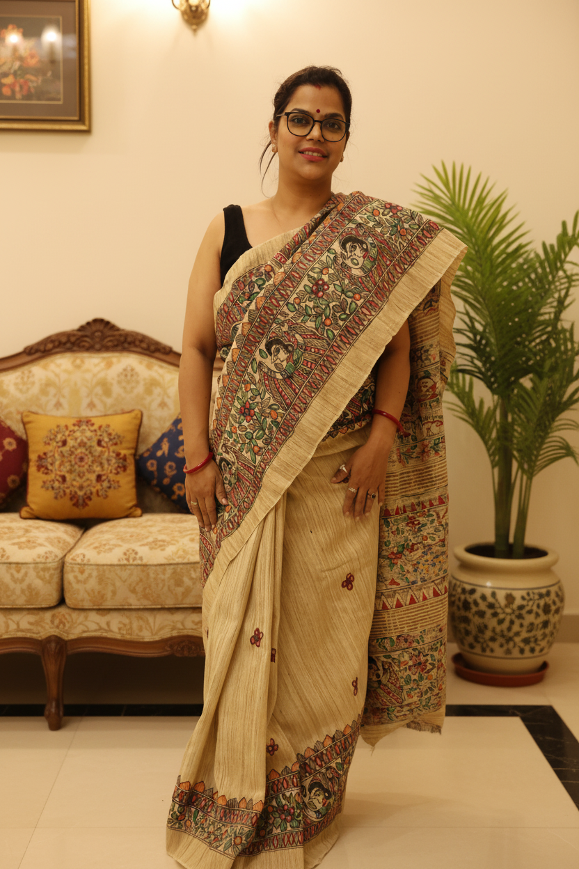 Natural Tussar Madhubani Saree | Rangika Studio