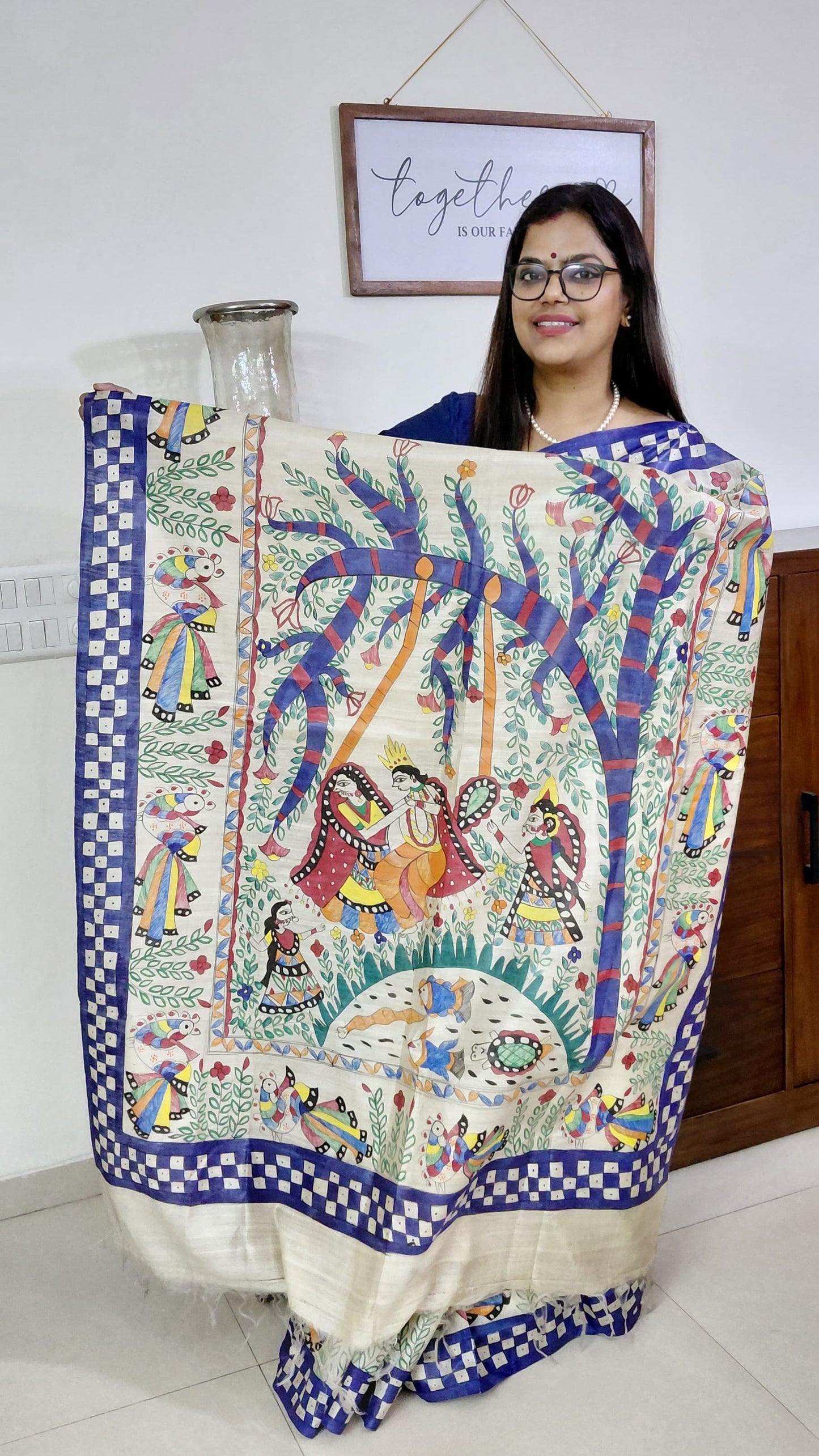 Ivory Desi Tussar Silk Madhubani Saree with Radha Krishna Jhoola & Peacock Borders