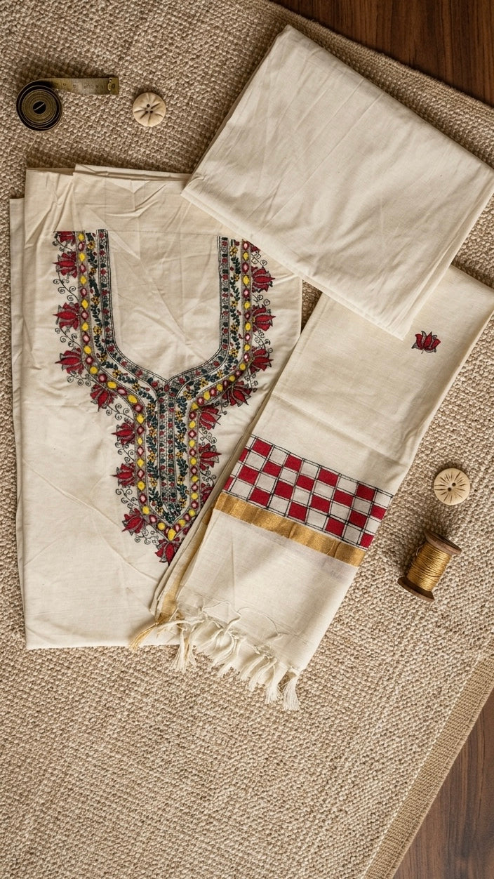 Ivory Grace – Hand-Painted Madhubani Katan Cotton 3-Piece Suit Set
