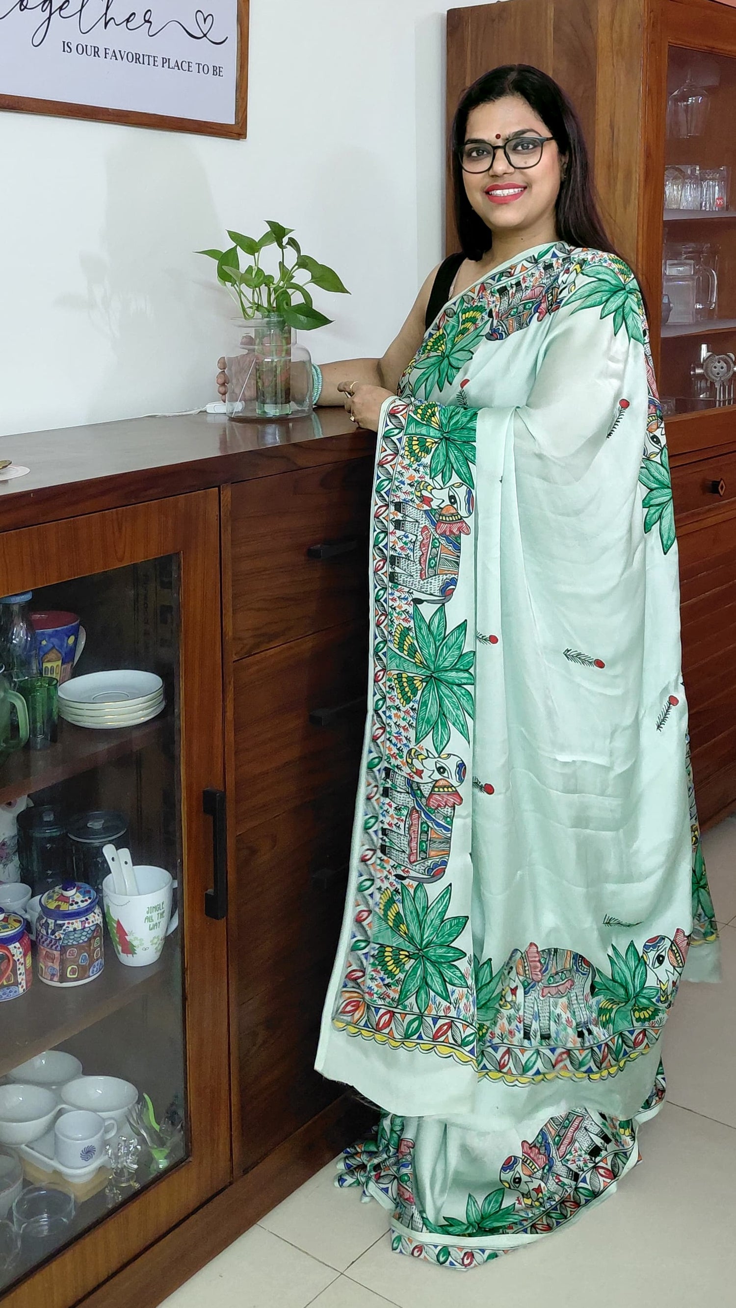 Mint green Madhubani hand painted crepe saree full drape view