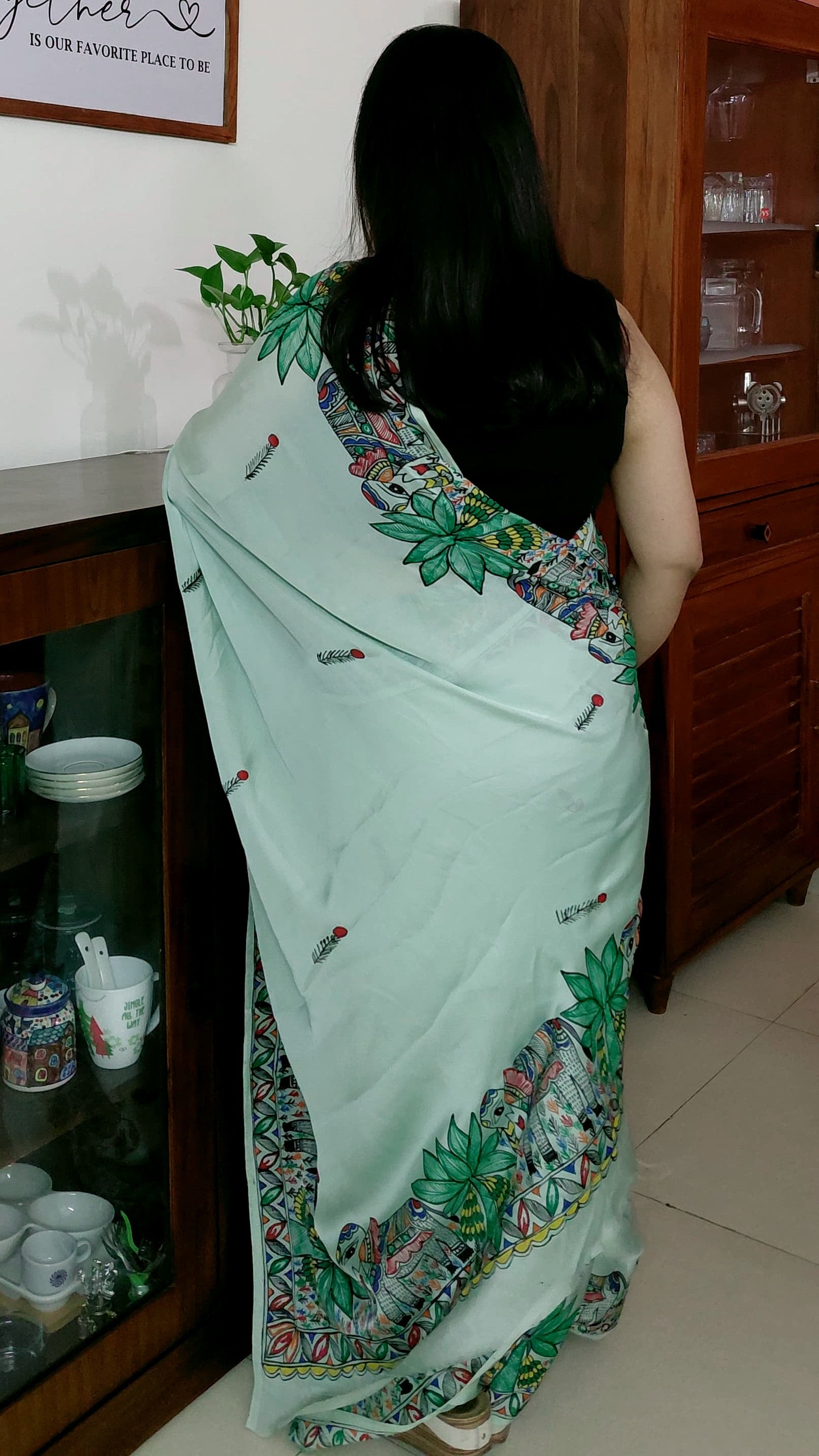 Back drape view of hand painted Mithila saree