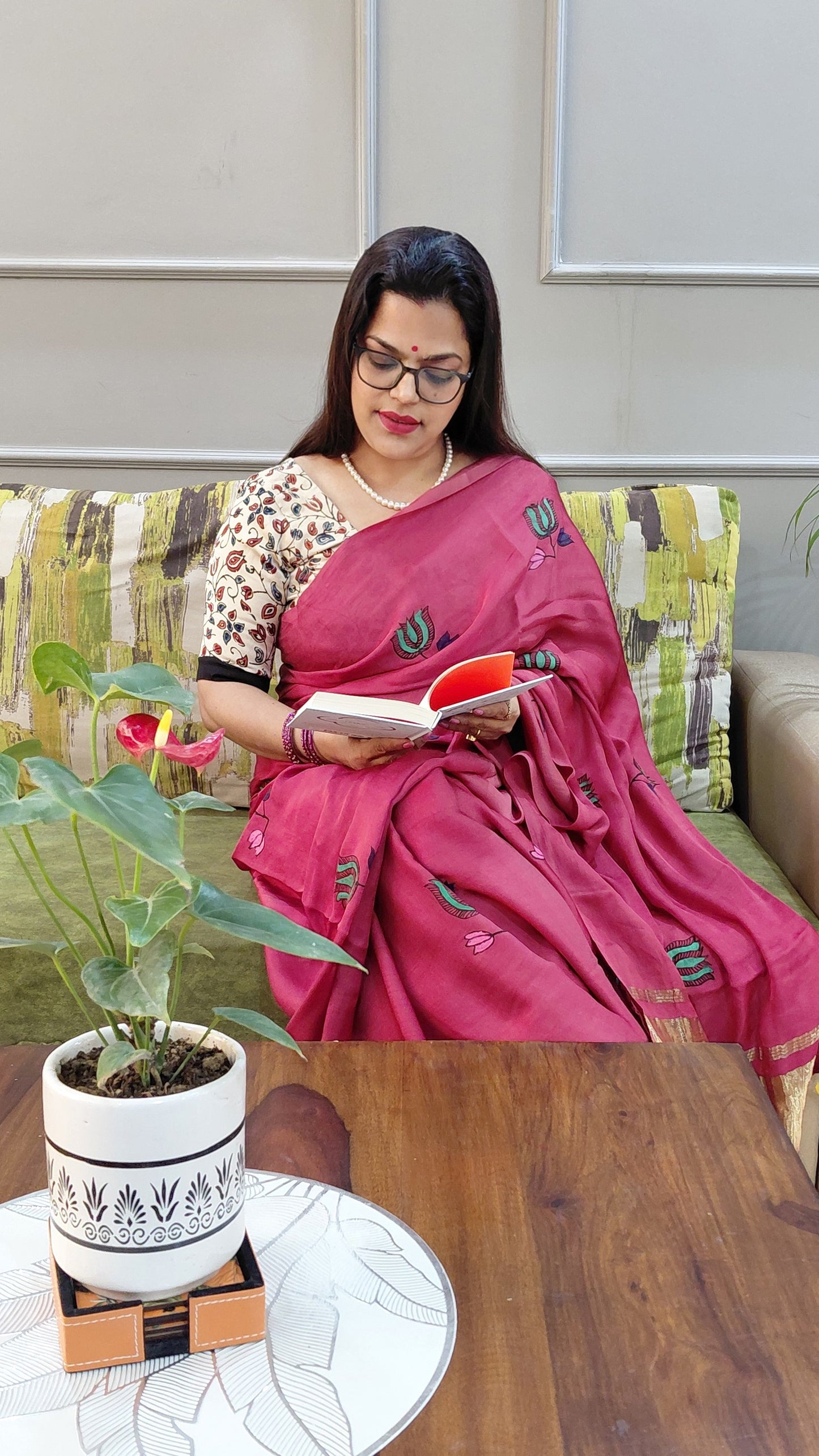 Minimal lotus motif saree elegant drape indoor