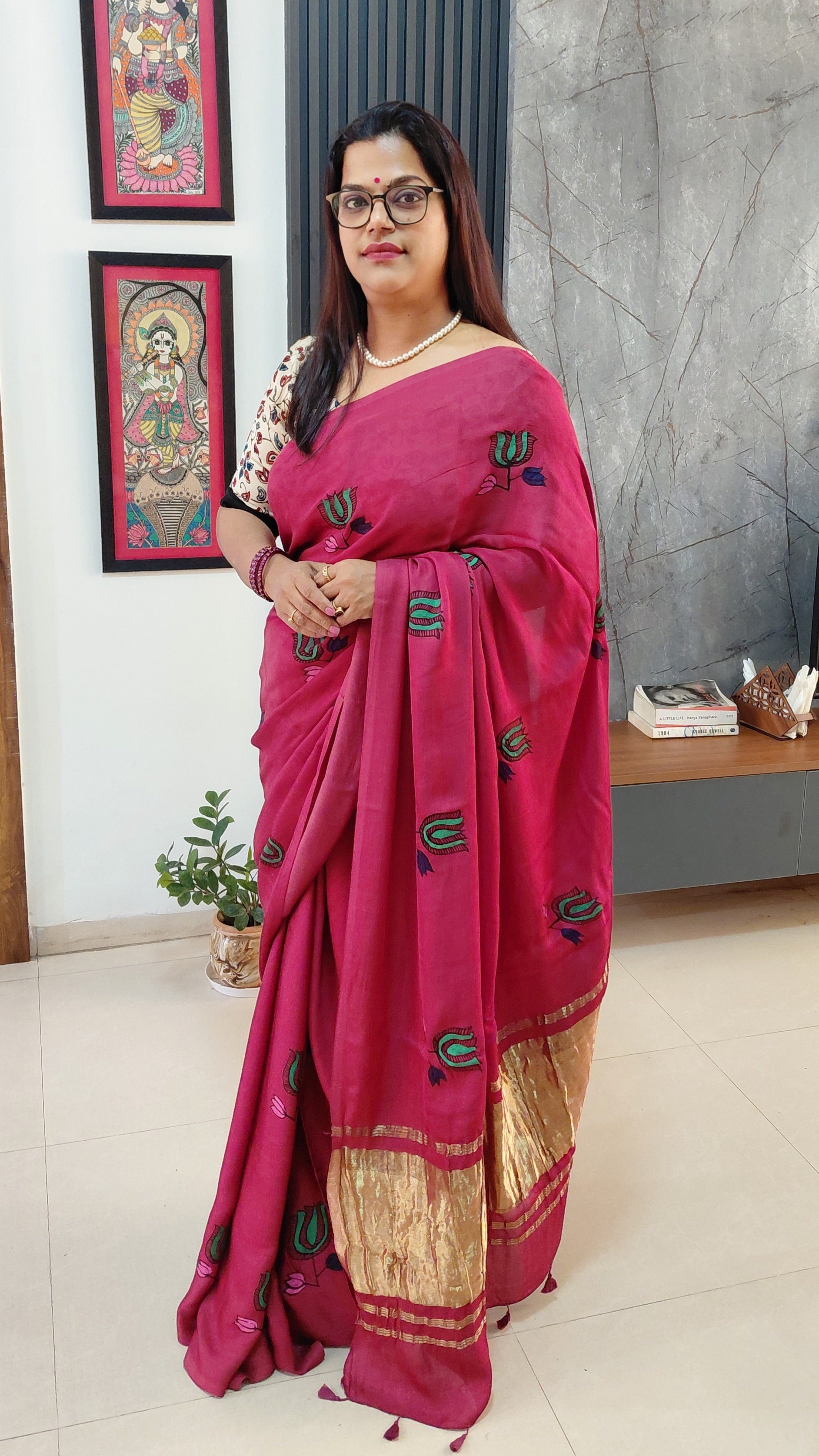 Minimal lotus motif saree elegant drape indoor