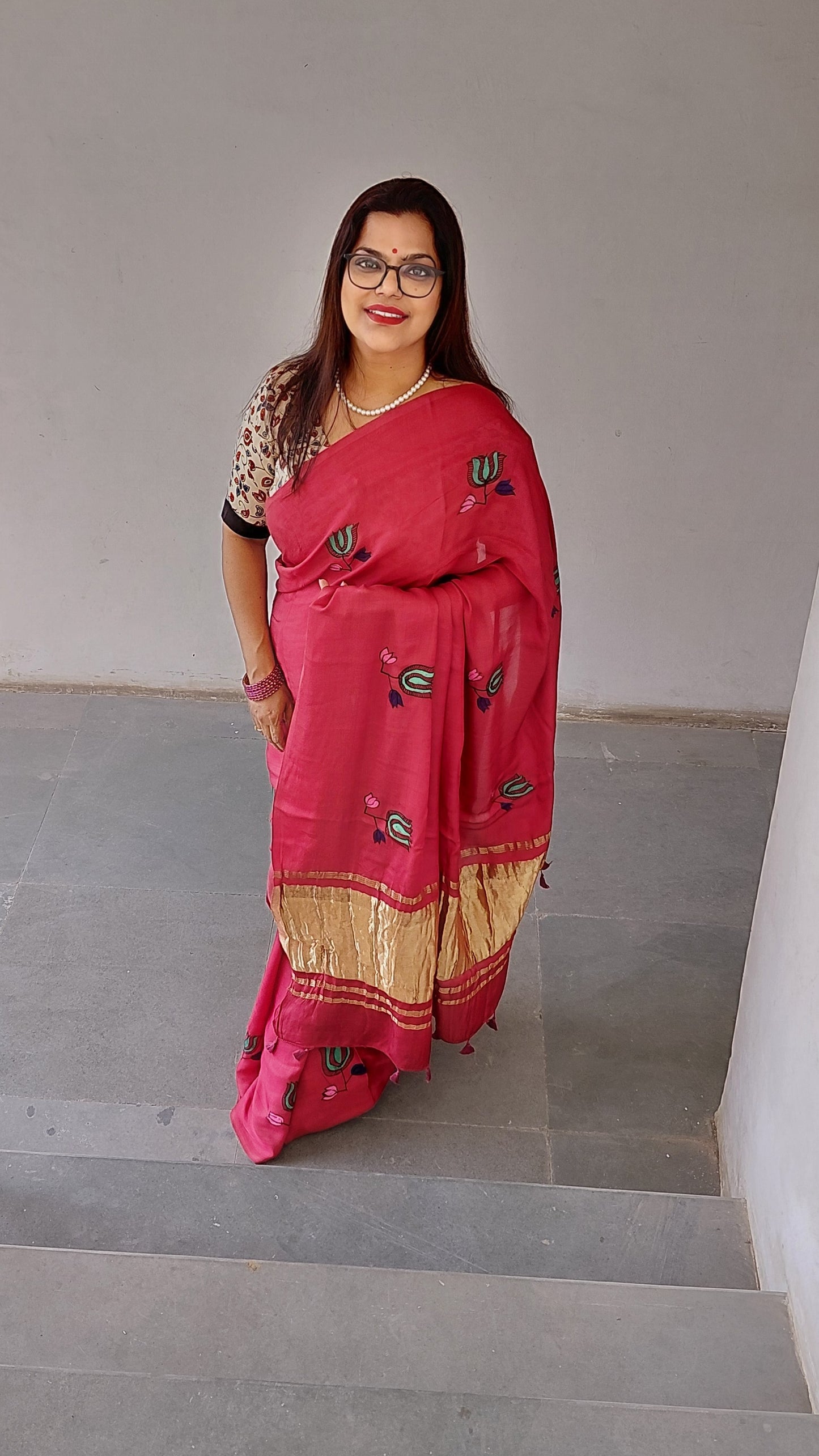 Deep Maroon Modal Silk Madhubani Saree with Ivory Blouse | Rangika Studio