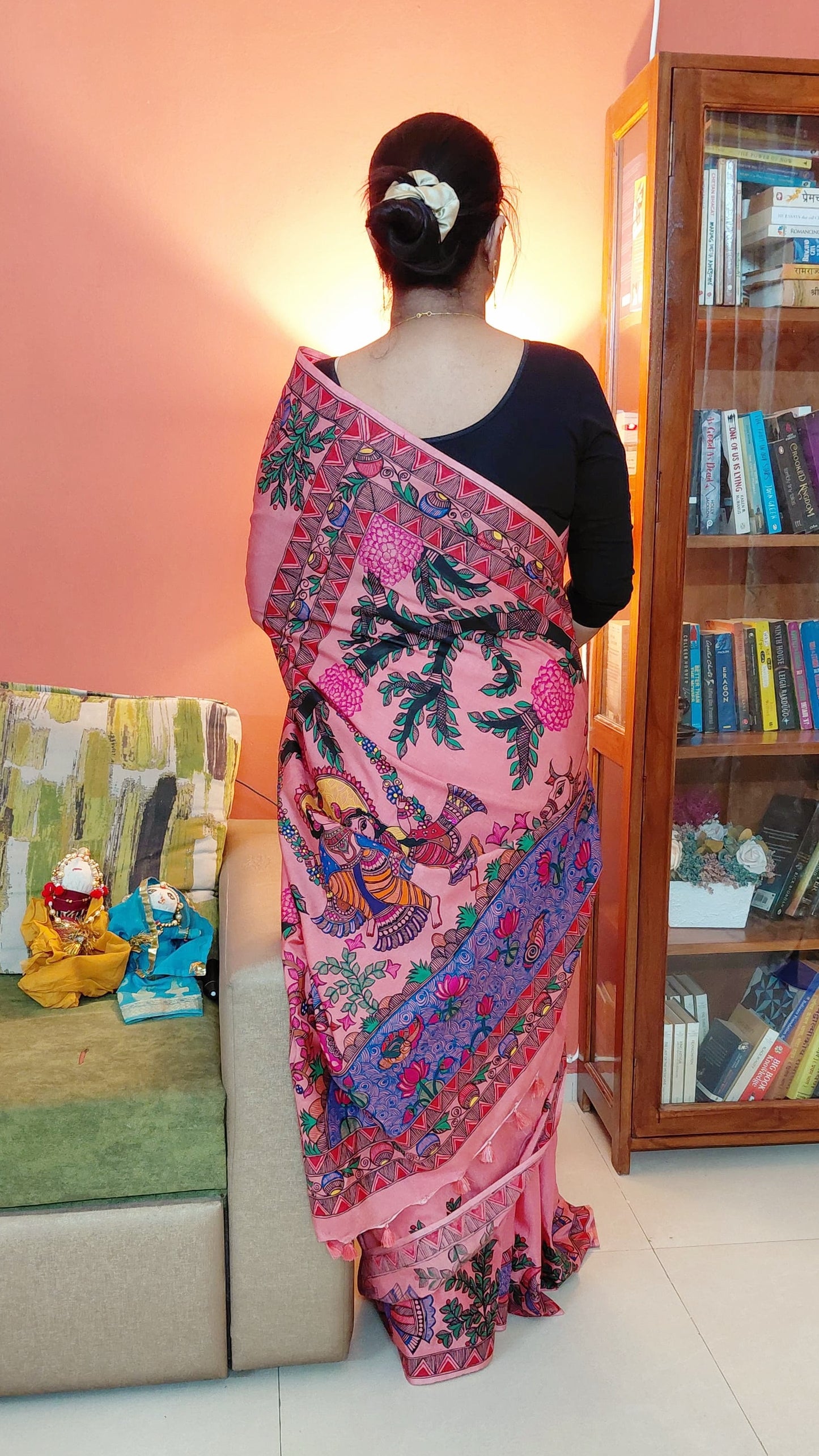 Back view of hand painted Madhubani saree with artistic pallu display