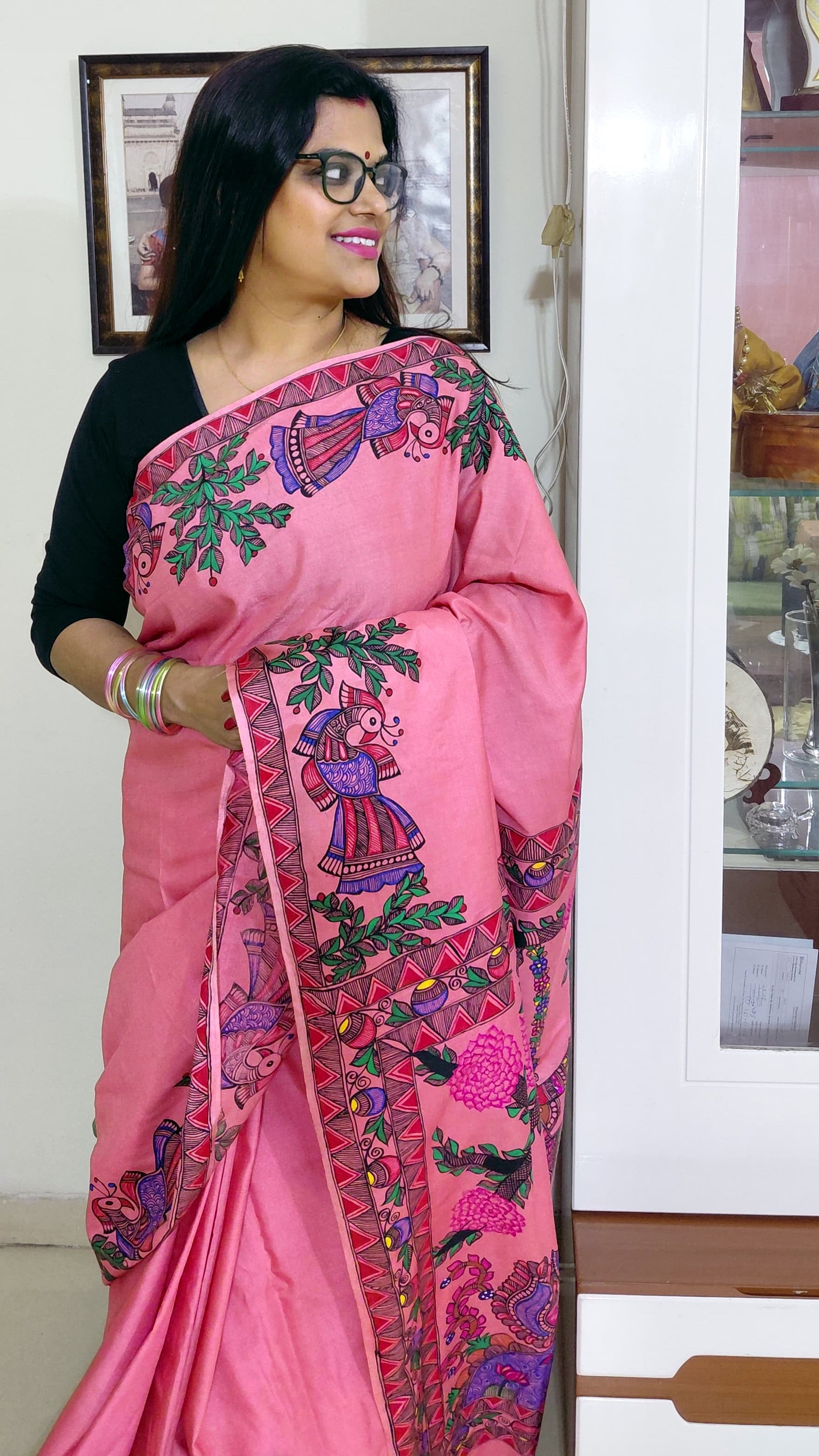 Elegant Indian ethnic wear featuring Mithila painting on Katan silk