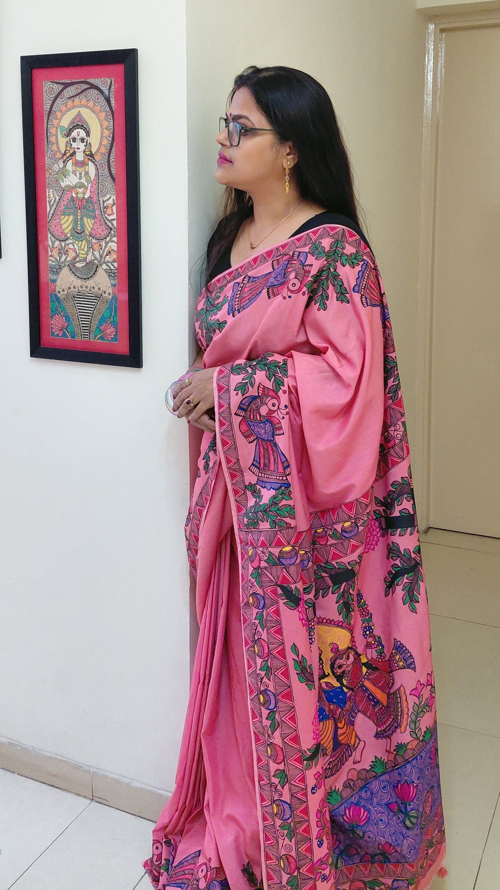Premium Katan silk saree with lotus pond Madhubani border and floral vines