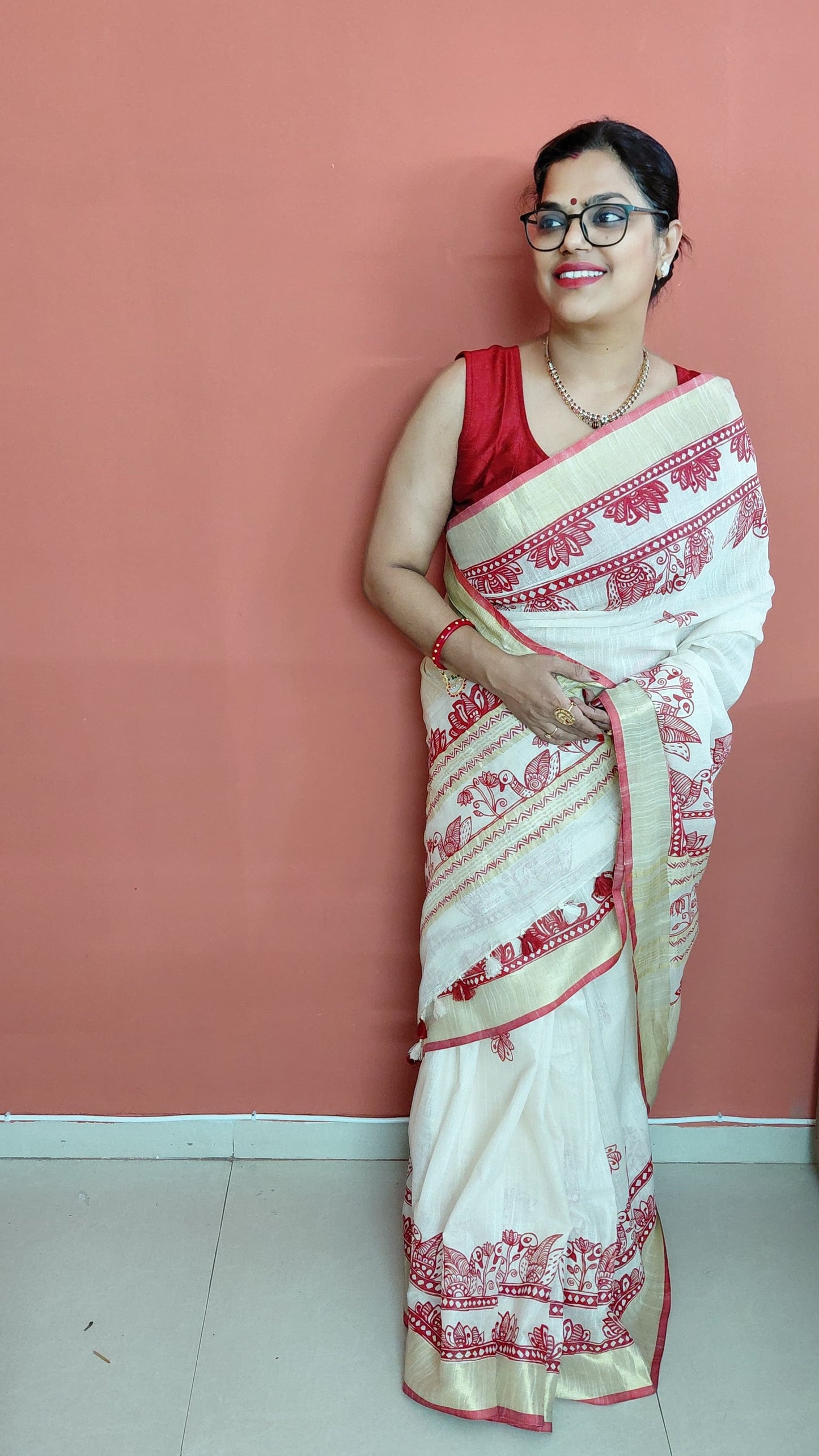 Padma Vihar Linen Saree with Crimson Madhubani Lotus & Bird Motifs