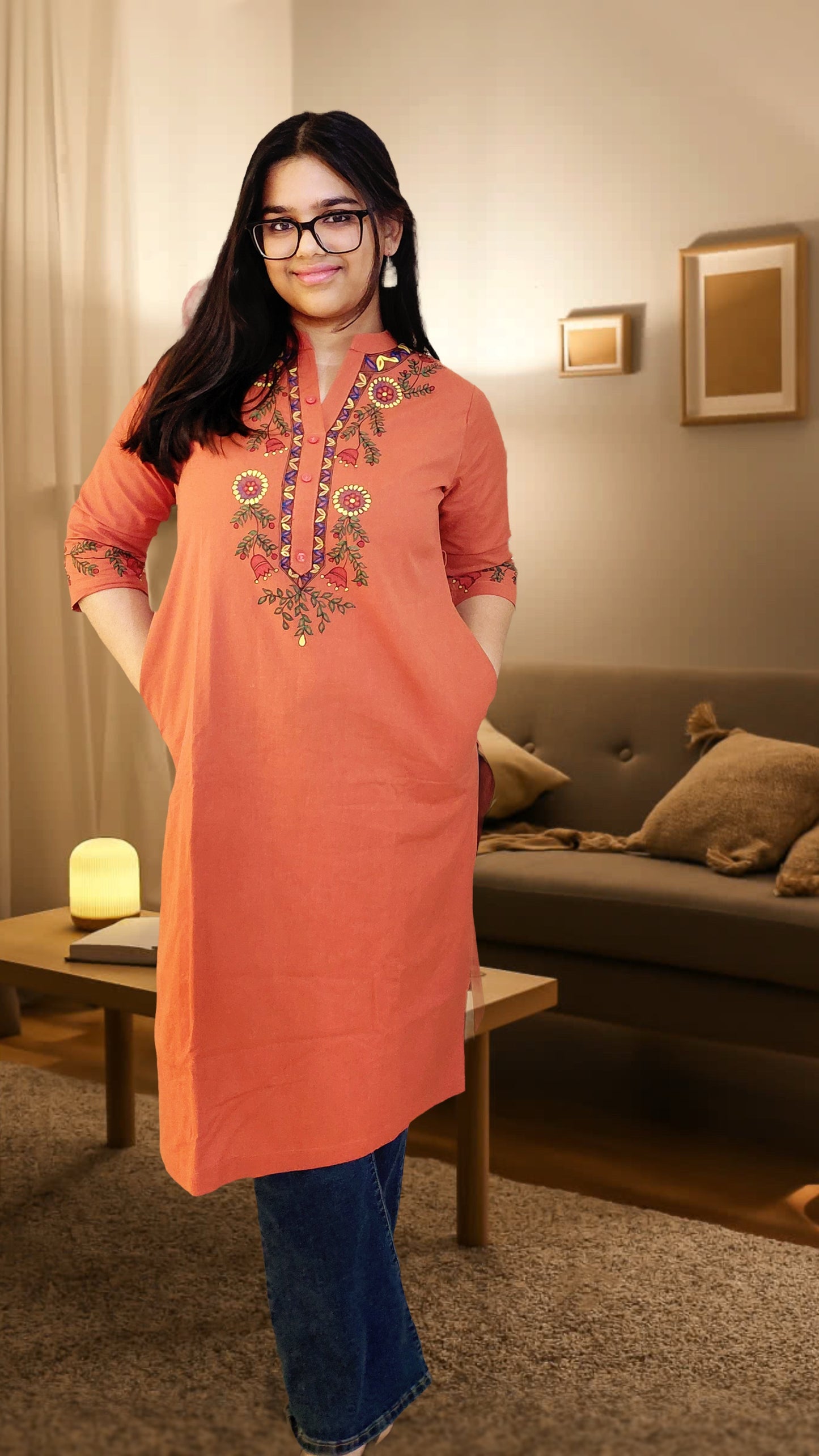 Terracotta Rose Hand-Painted Madhubani Cotton Kurta | Rangika Studio
