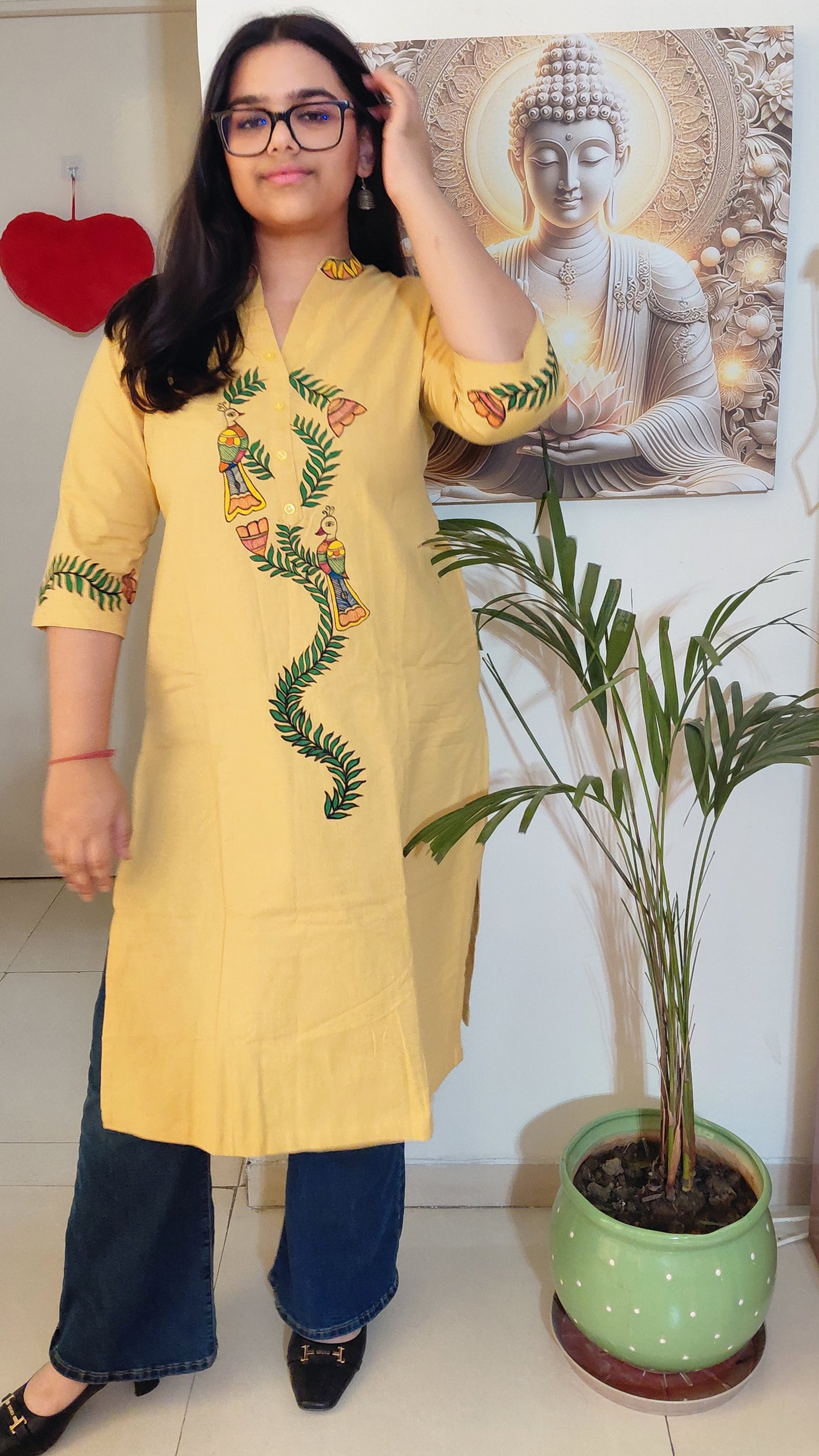Mustard Yellow Hand-Painted Madhubani Cotton Kurta | Rangika Studio
