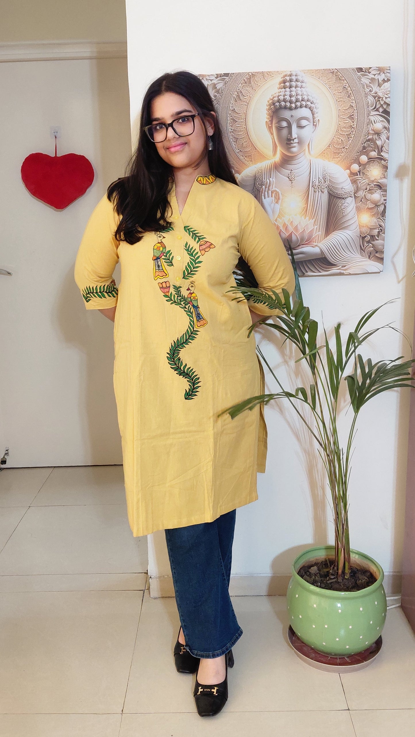 Mustard Yellow Hand-Painted Madhubani Cotton Kurta | Rangika Studio