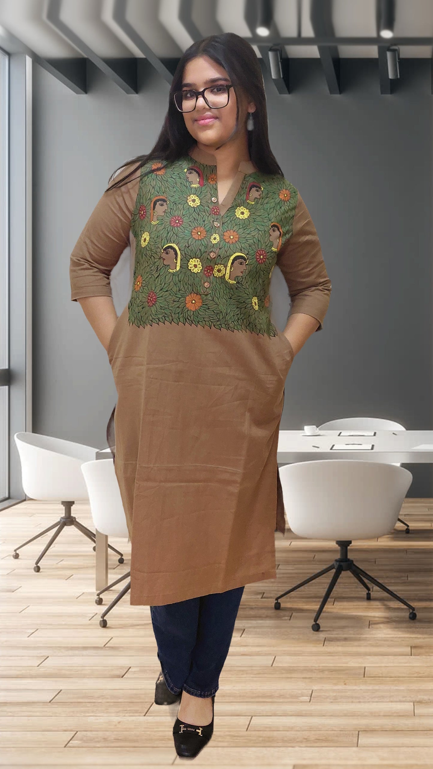 Hand-Painted Madhubani Cotton Kurta – Sandalwood Brown