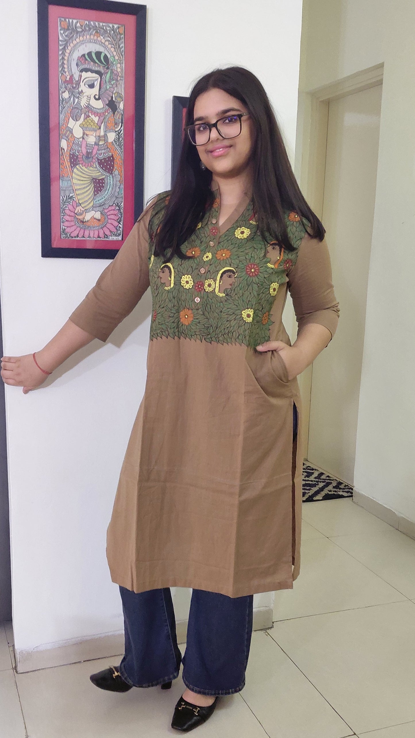 Hand-Painted Madhubani Cotton Kurta – Sandalwood Brown
