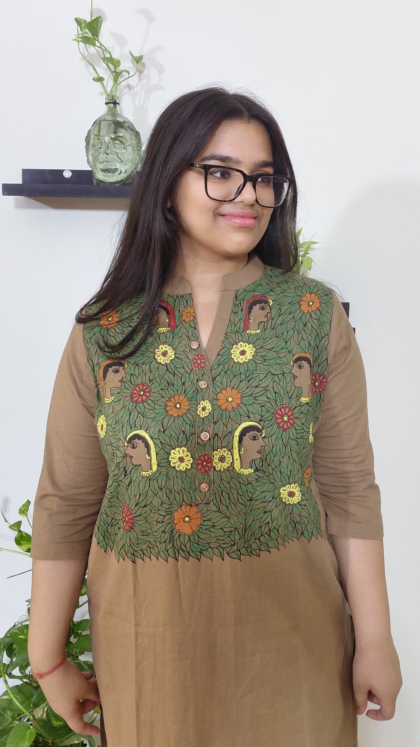 Hand-Painted Madhubani Cotton Kurta – Sandalwood Brown