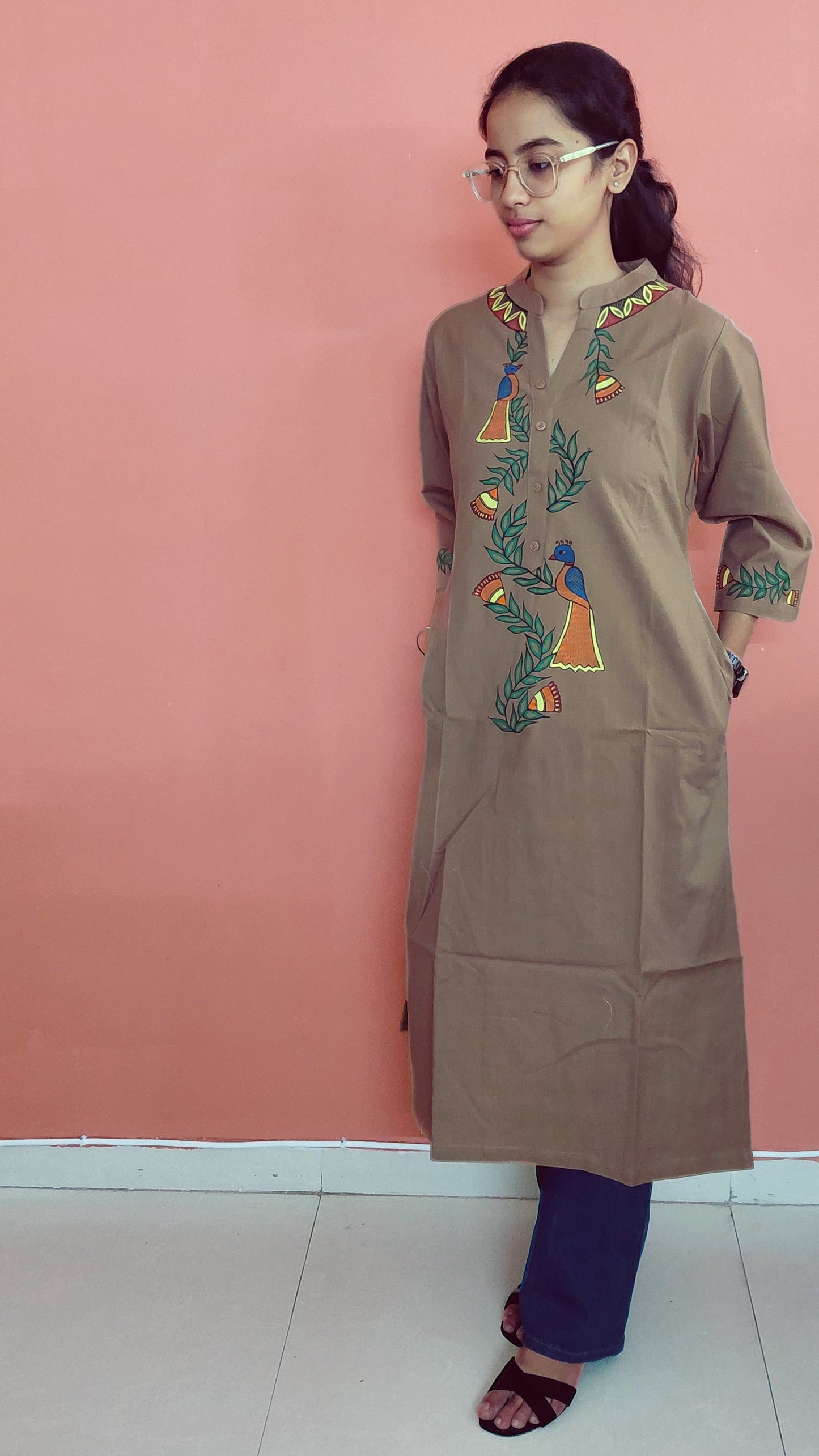 Hand-Painted Madhubani Cotton Kurta – Sandalwood Brown