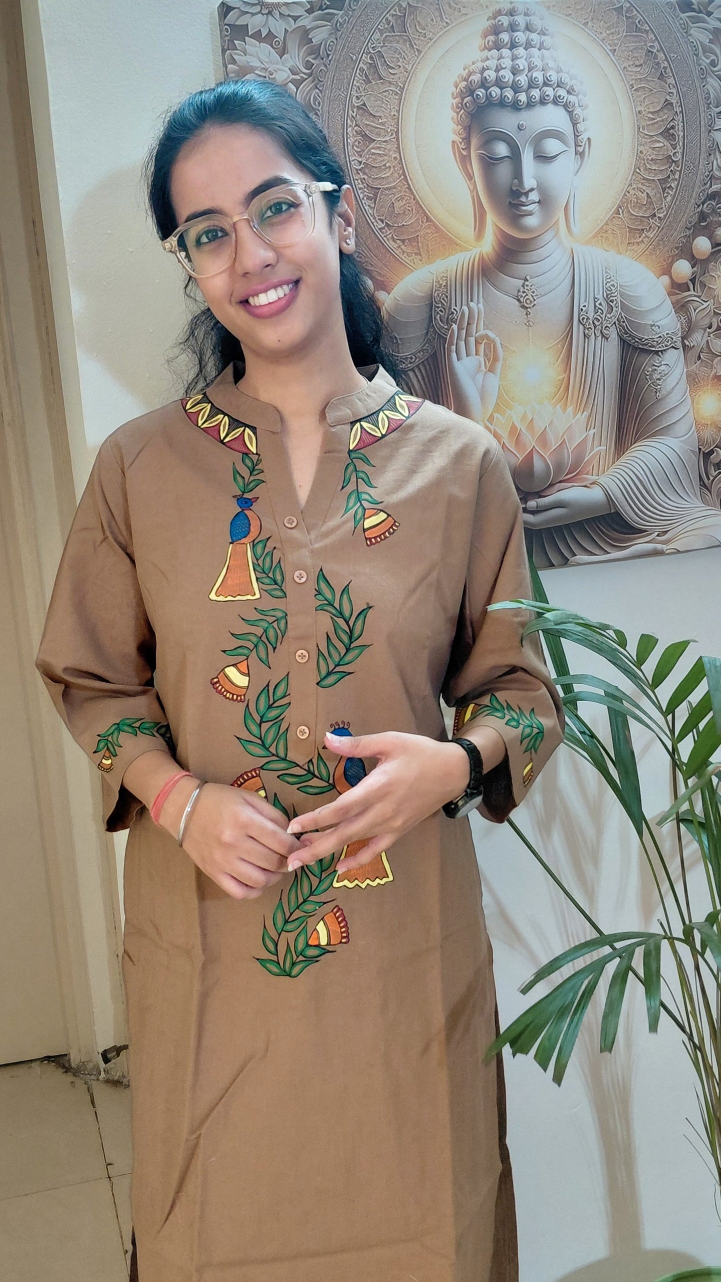 Hand-Painted Madhubani Cotton Kurta – Sandalwood Brown
