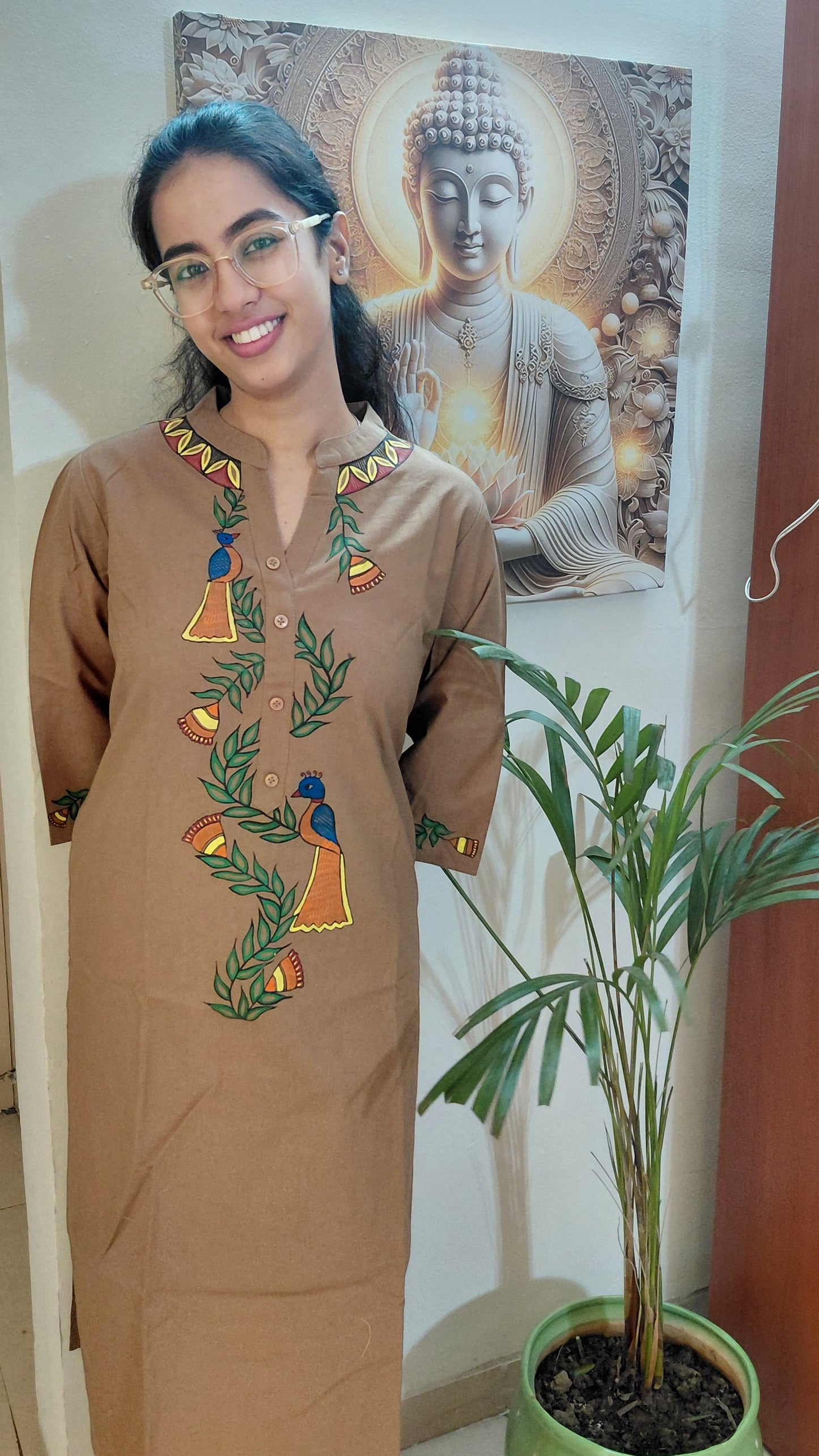 Hand-Painted Madhubani Cotton Kurta – Sandalwood Brown