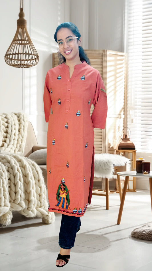 Terracotta Rose Hand-Painted Madhubani Cotton Kurta | Rangika Studio
