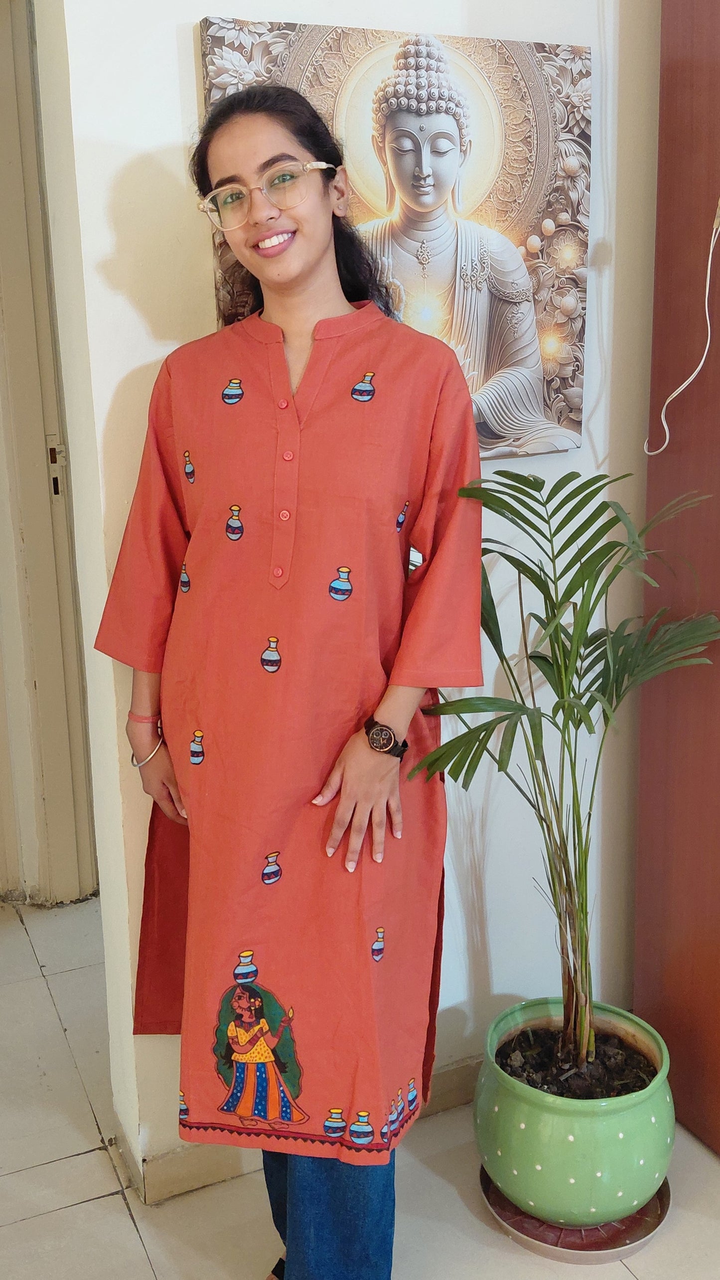 Terracotta Rose Hand-Painted Madhubani Cotton Kurta | Rangika Studio