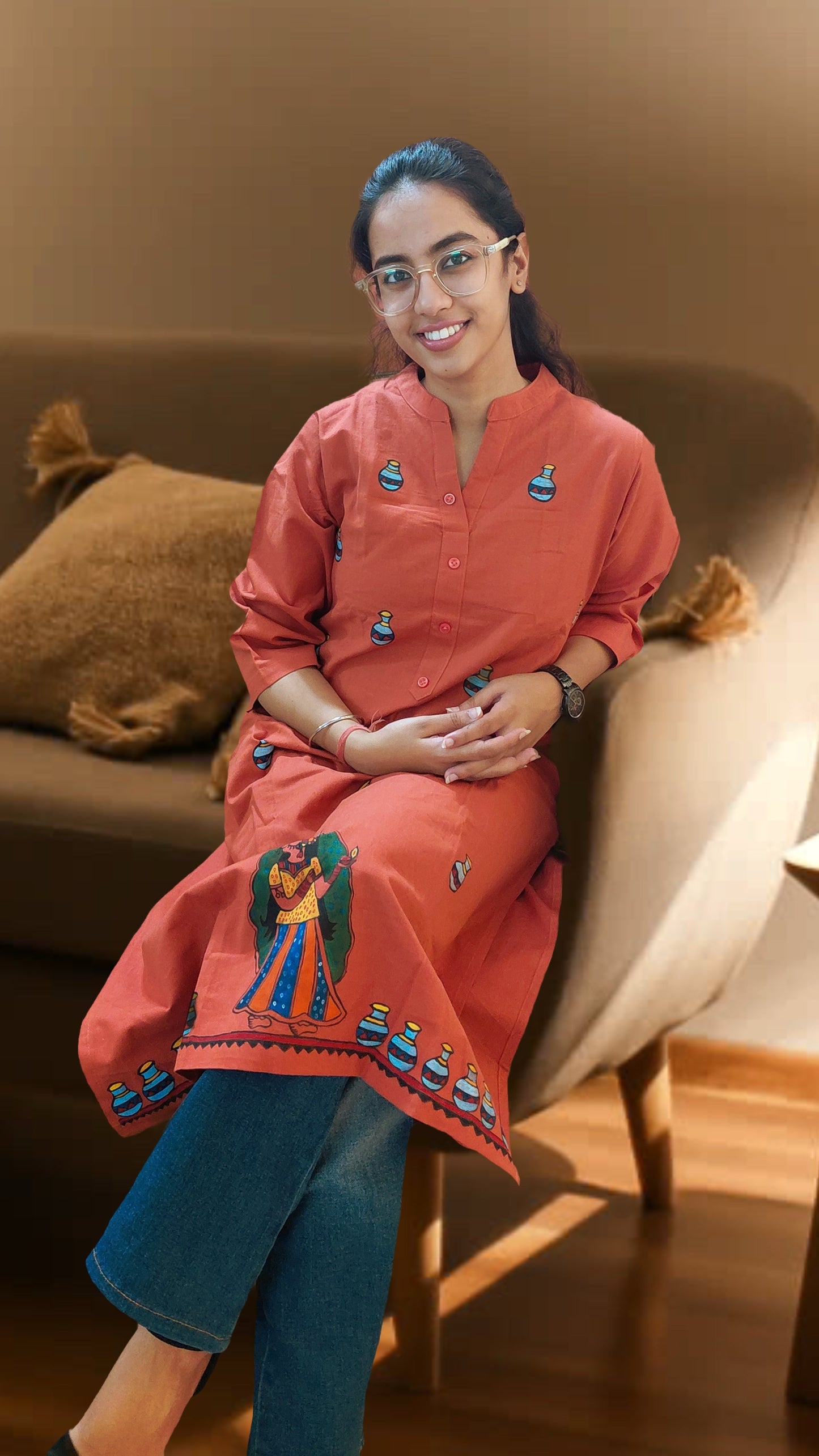 Terracotta Rose Hand-Painted Madhubani Cotton Kurta | Rangika Studio
