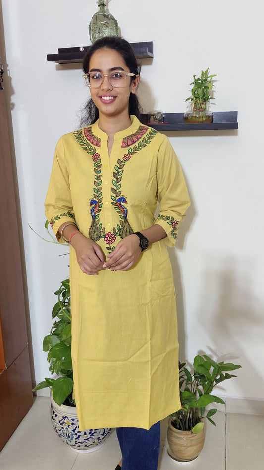 Mustard Yellow Hand-Painted Madhubani Cotton Kurta | Rangika Studio