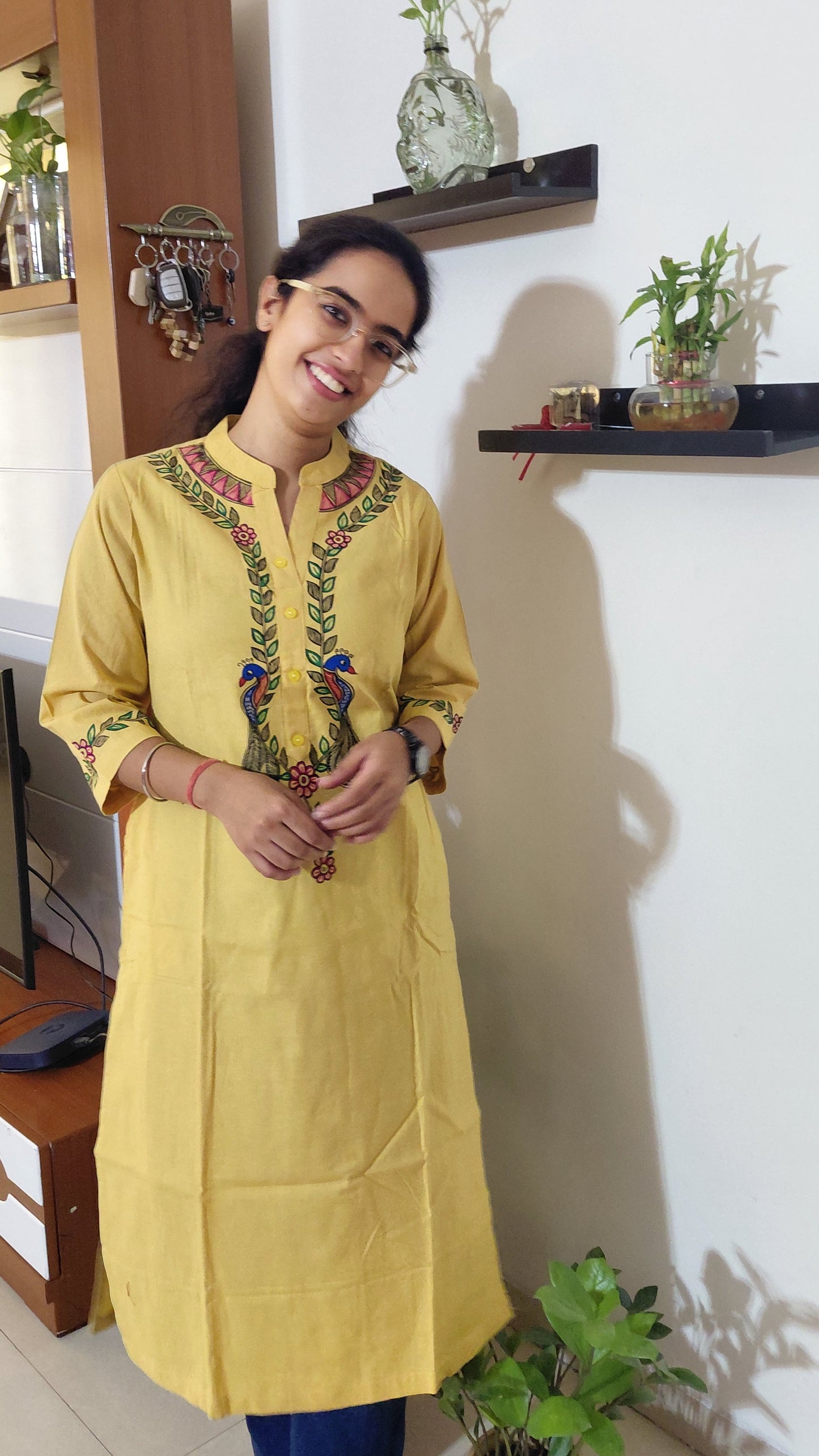 Mustard Yellow Hand-Painted Madhubani Cotton Kurta | Rangika Studio