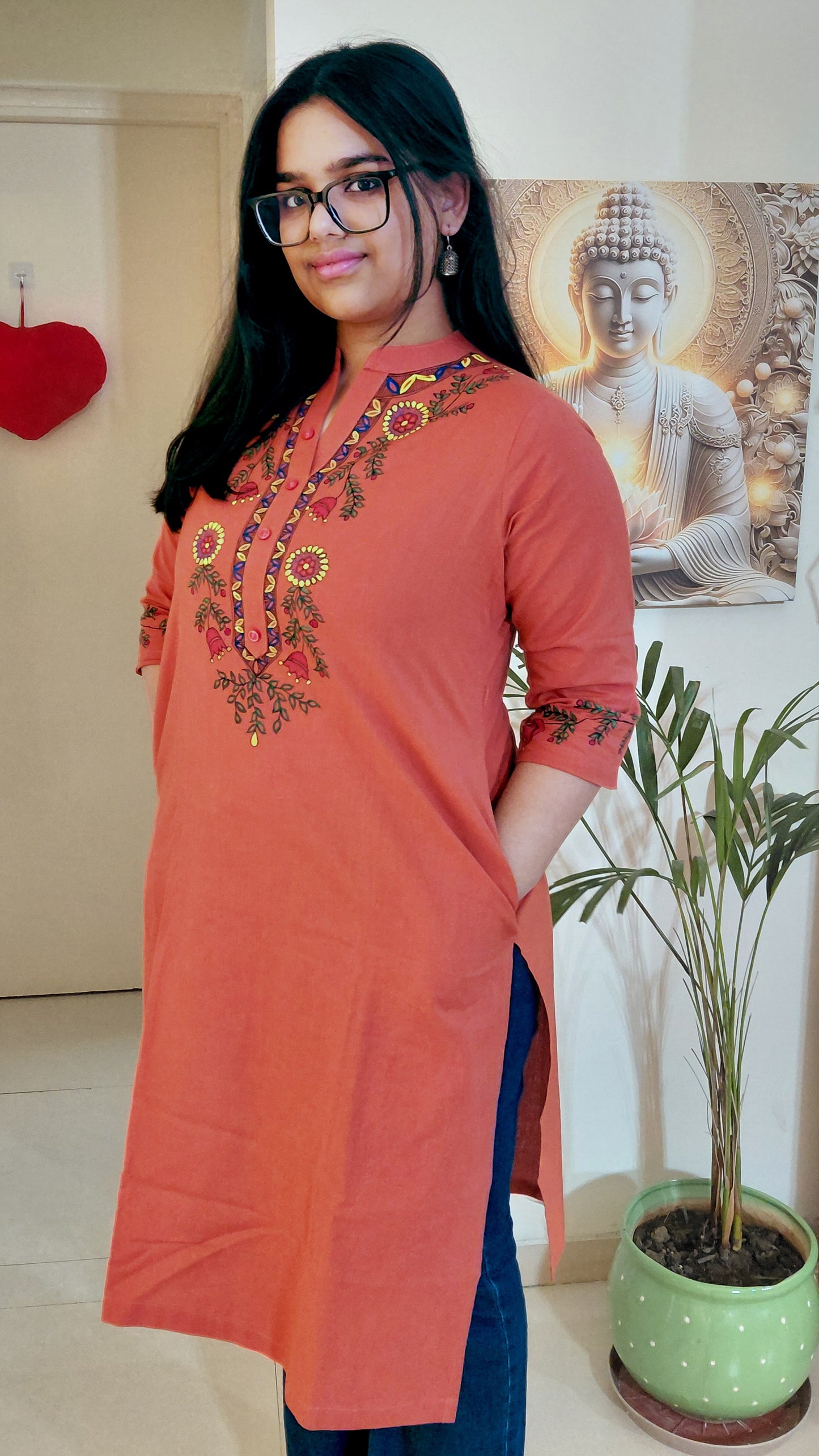 Terracotta Rose Hand-Painted Madhubani Cotton Kurta | Rangika Studio