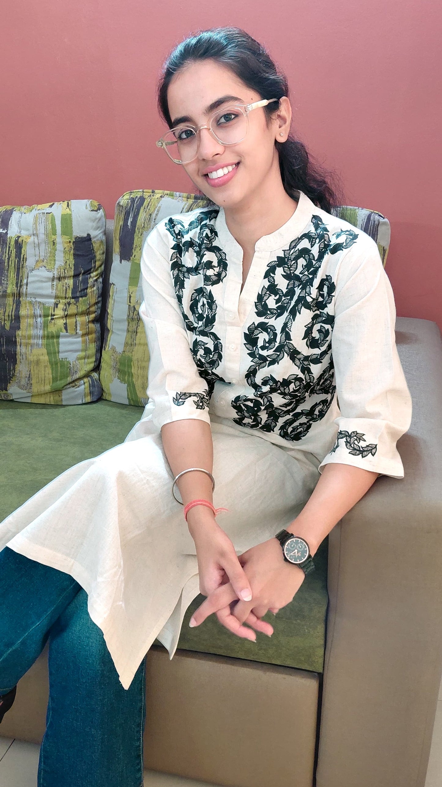 Off White Madhubani Cotton Kurta - Monochrome | Rangika Studio