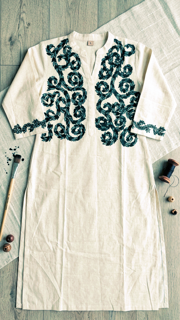 Off White Madhubani Cotton Kurta - Monochrome | Rangika Studio