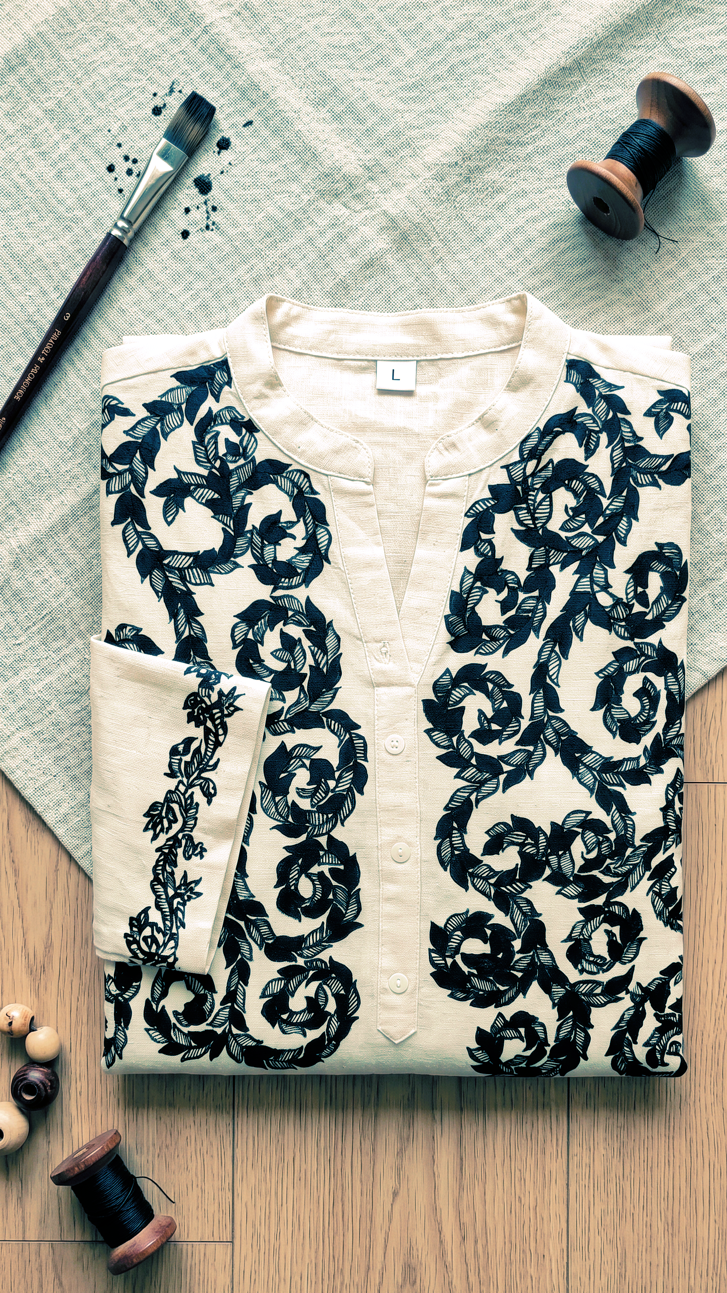 Off White Madhubani Cotton Kurta - Monochrome | Rangika Studio