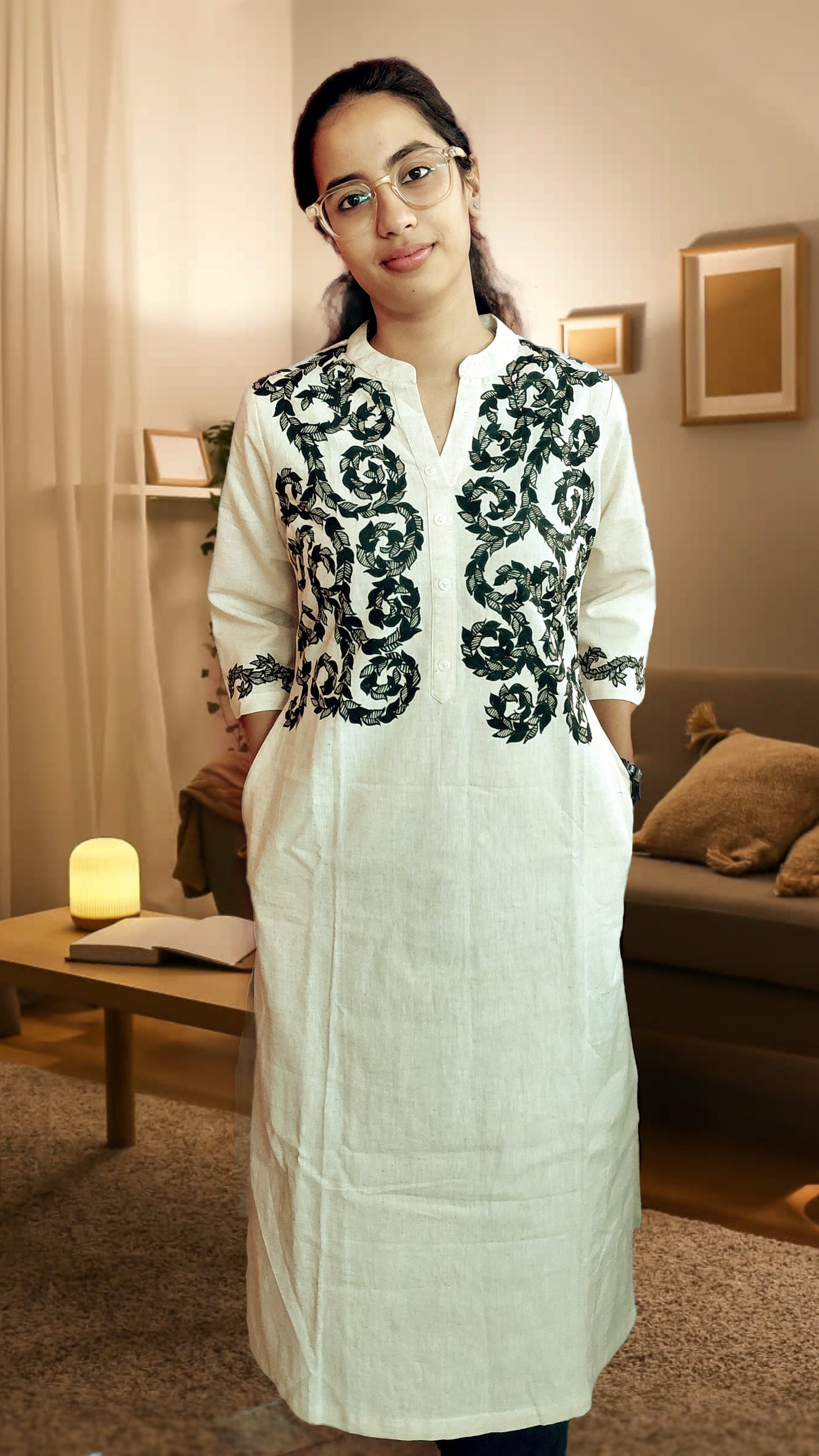 Off White Madhubani Cotton Kurta - Monochrome | Rangika Studio