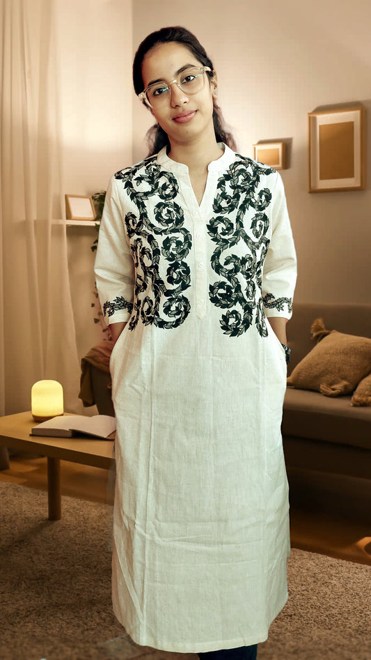 Off White Madhubani Cotton Kurta - Monochrome | Rangika Studio
