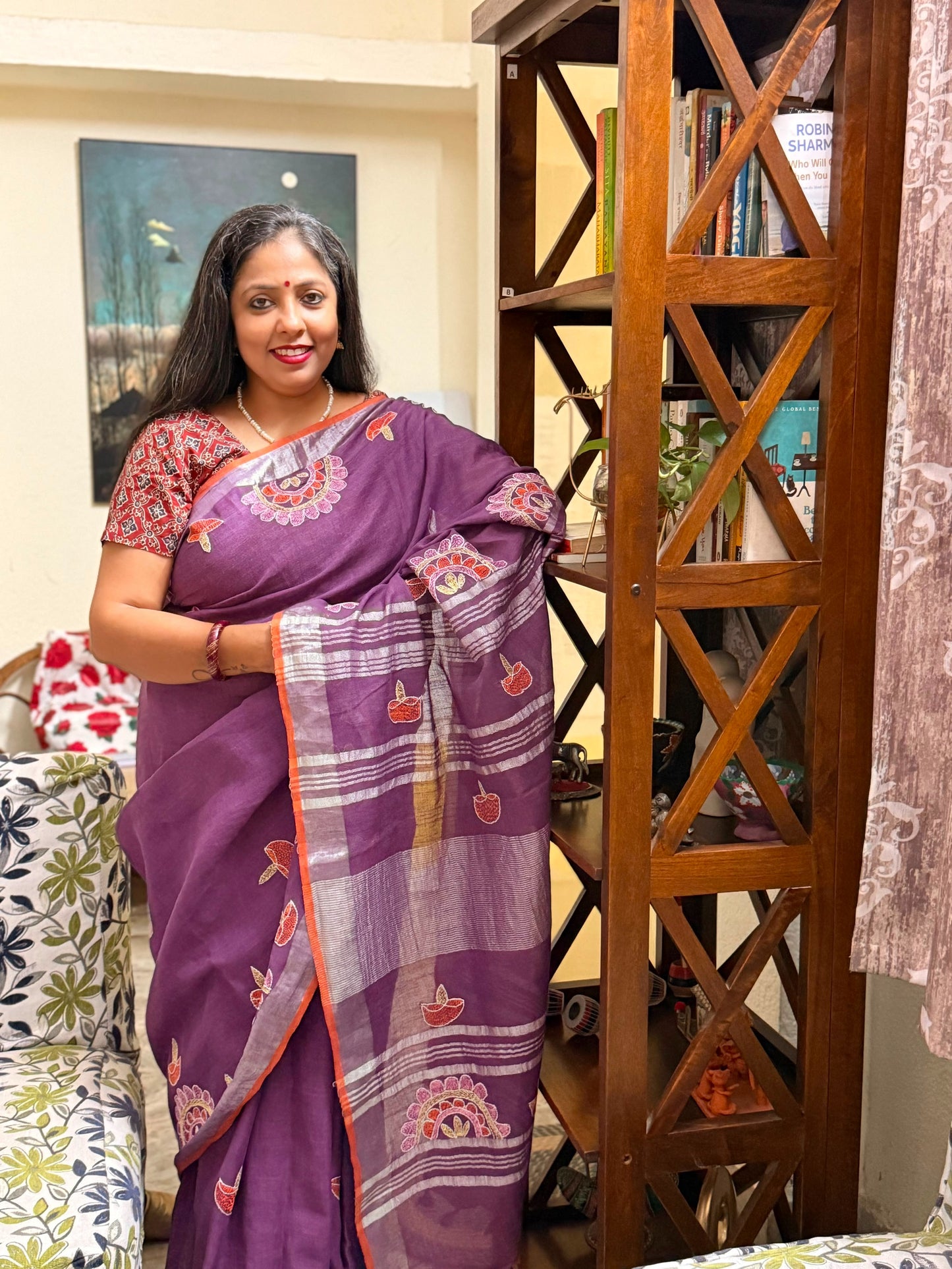 Sujni Embroidered Diya Linen Saree in Royal Purple | Rangika Studio