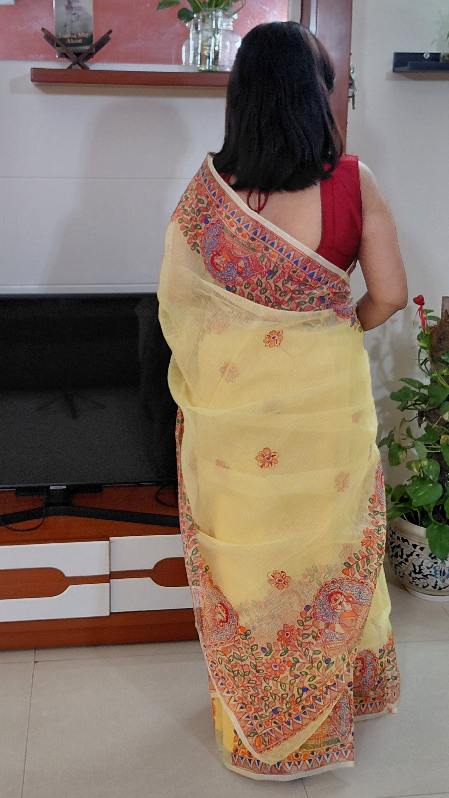 Soft Pastel Lemon Yellow Portrait Vines Madhubani Kota Doria Saree