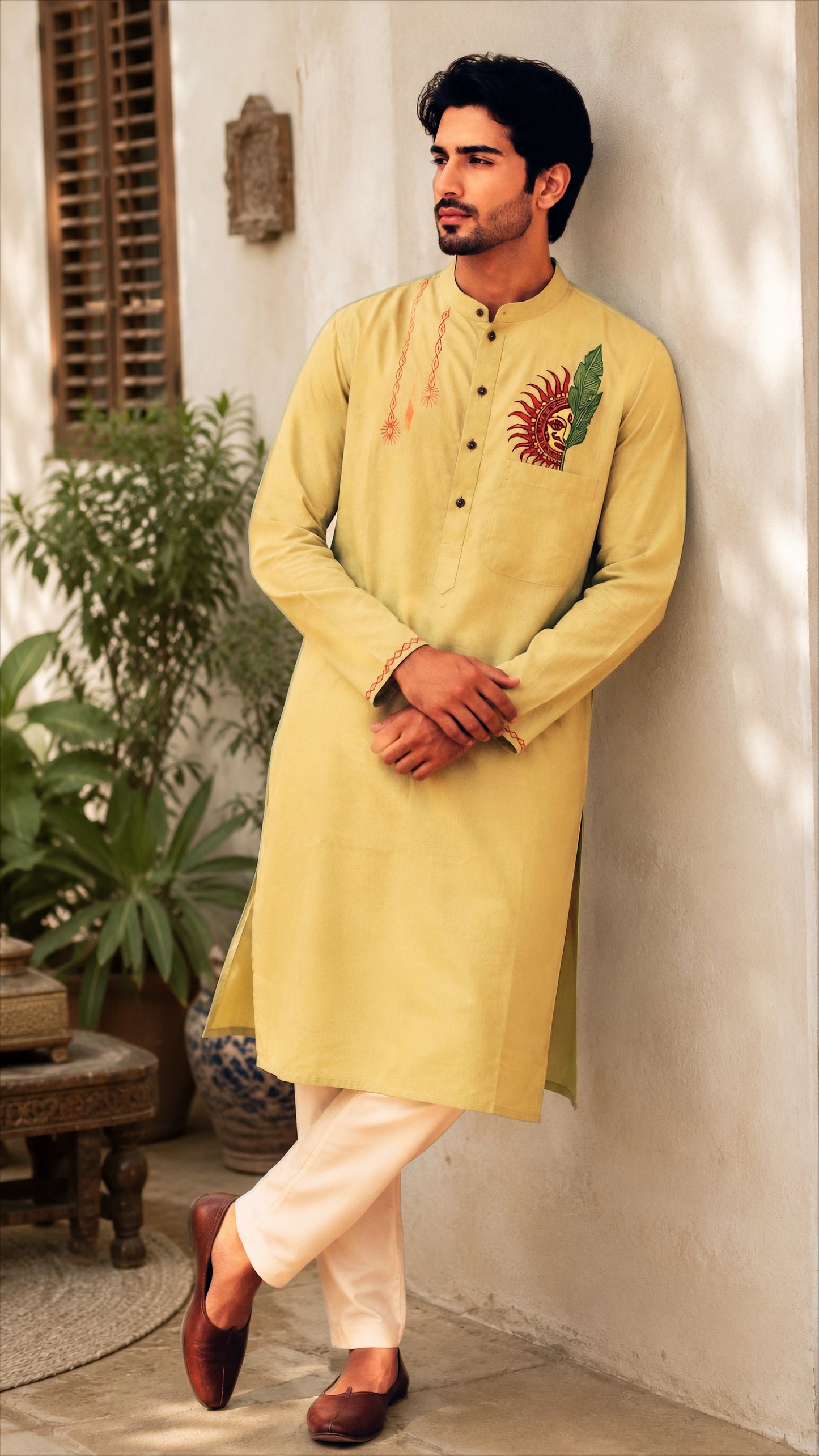 Soft Butter Yellow Linen-Cotton Madhubani Kurta Pyjama Set – Chhath Parv Theme