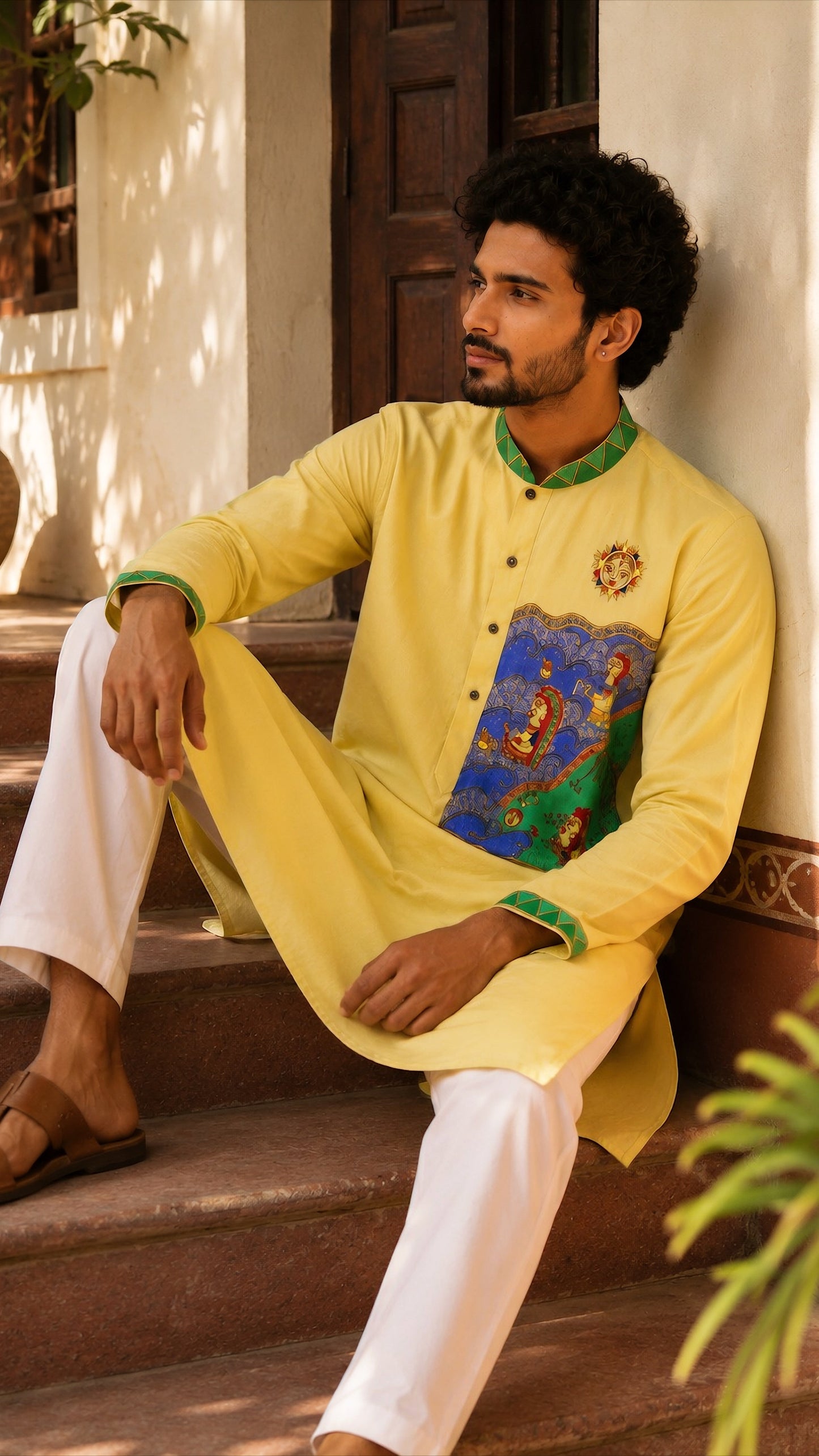 Soft Butter Yellow Linen-Cotton Madhubani Kurta Pyjama Set – Chhath Parv Theme