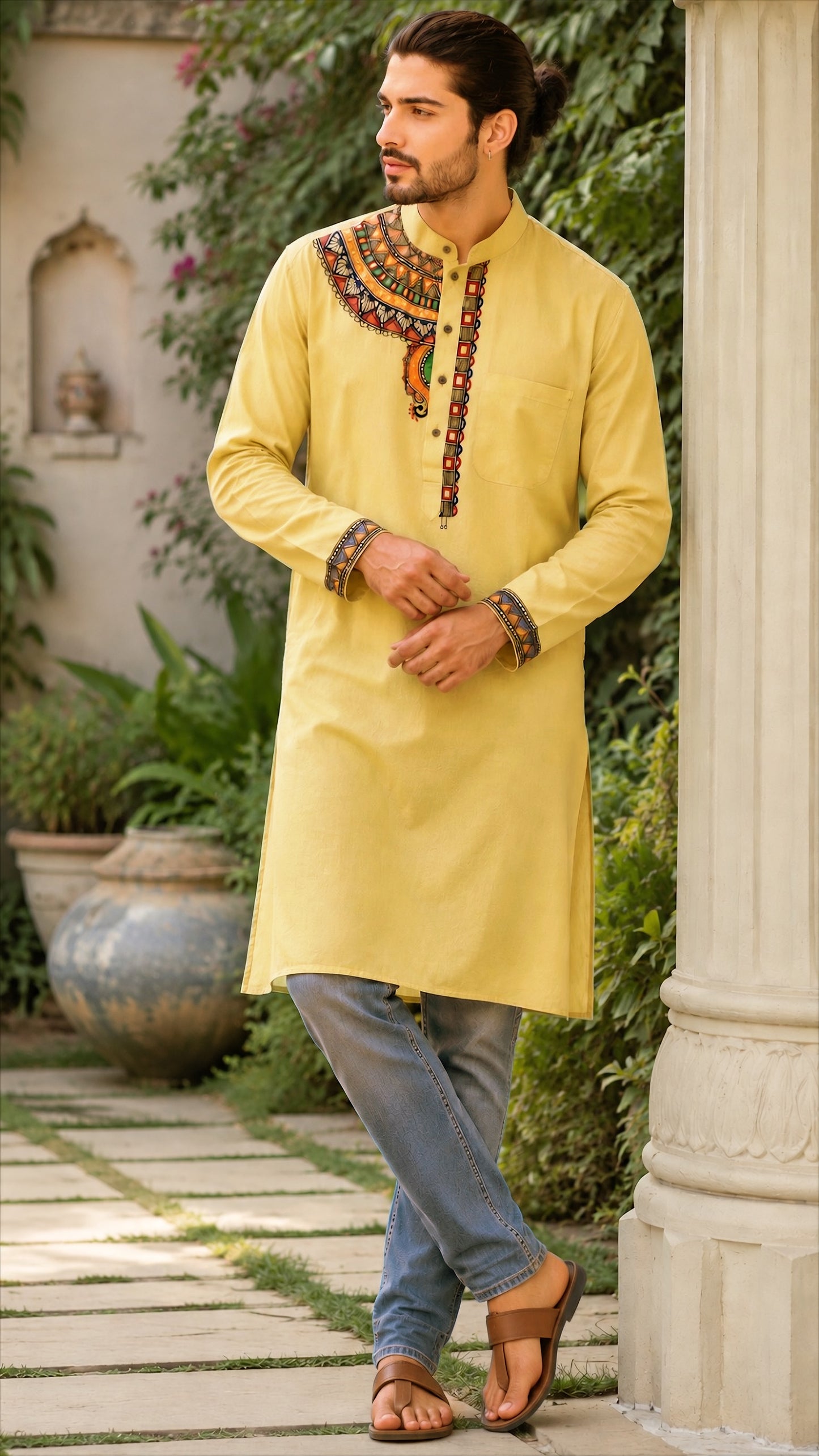 Soft Butter Yellow Line-Cotton Hand-Painted Madhubani Kurta Pyjama Set – Contemporary Border Design