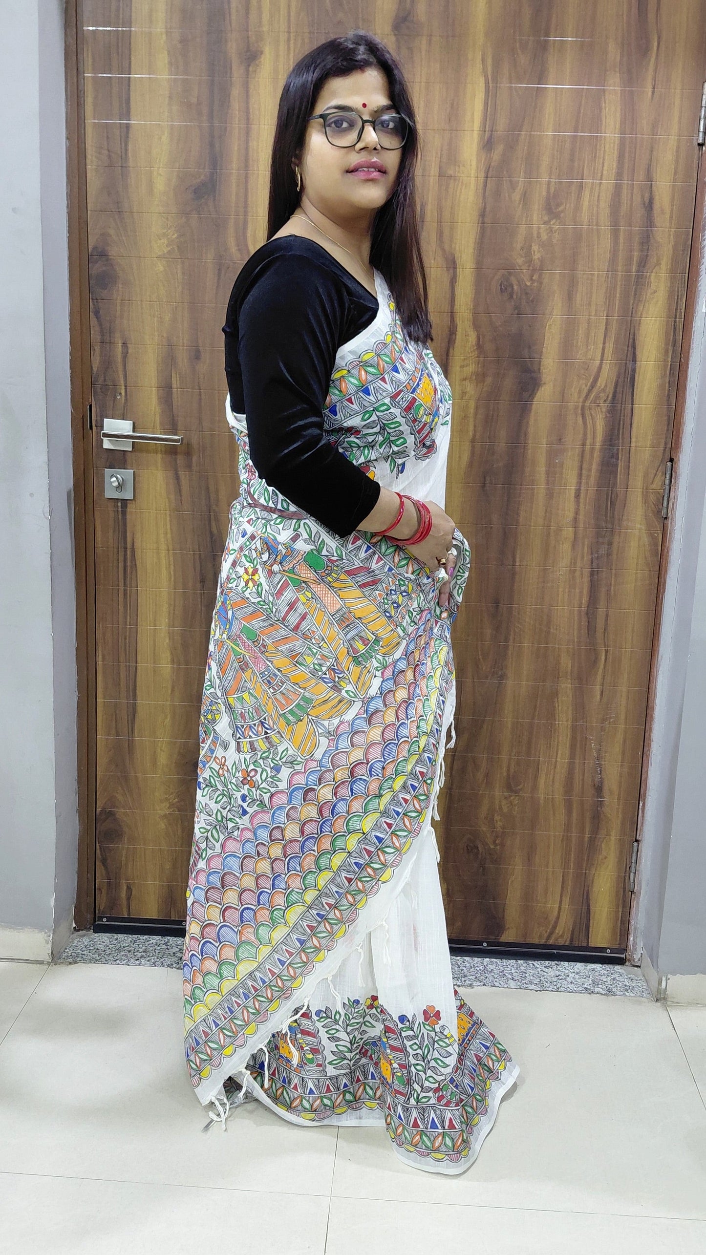 Ivory Linen Madhubani Saree | Rangika Studio