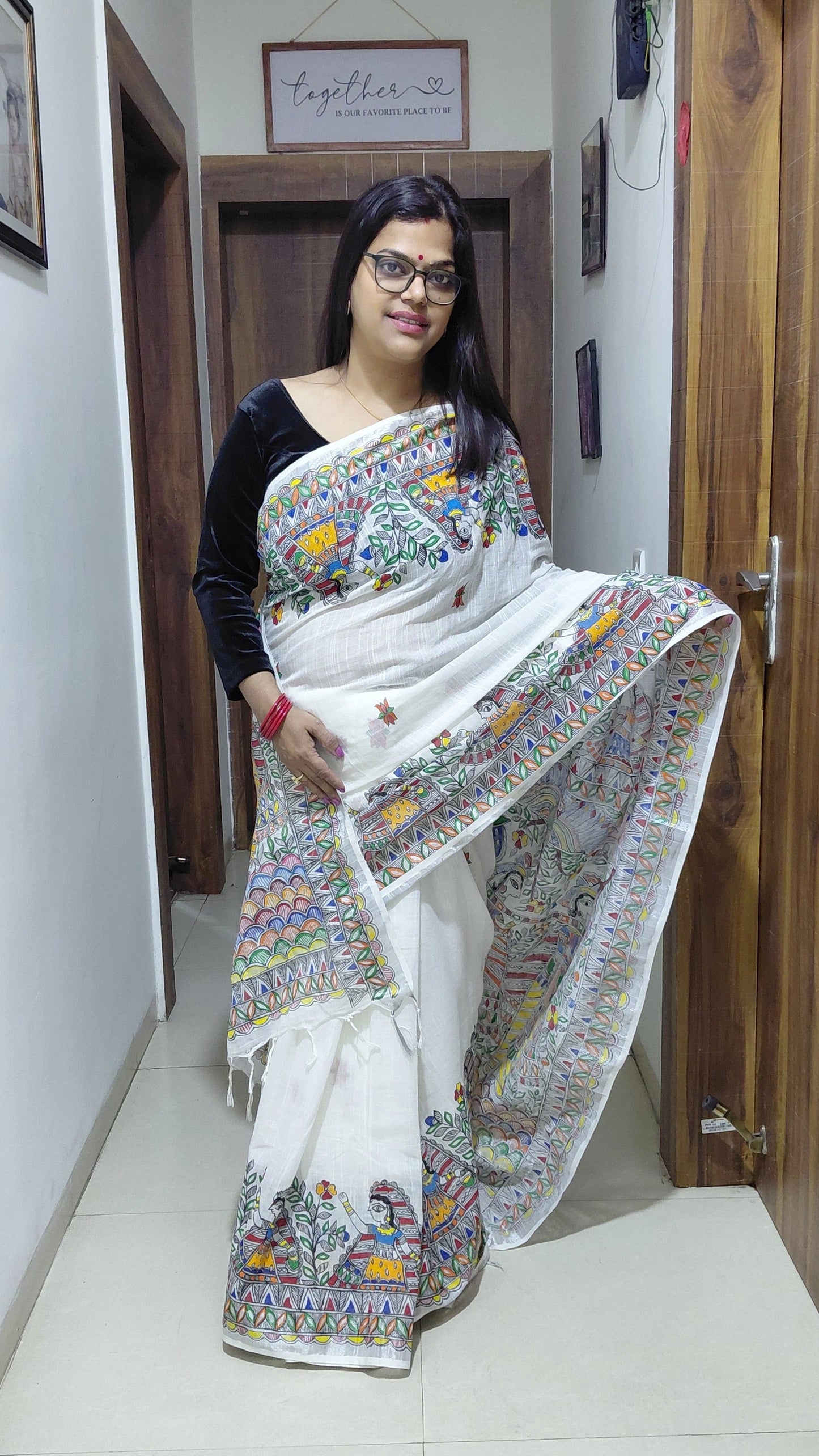 Ivory Linen Madhubani Saree | Rangika Studio