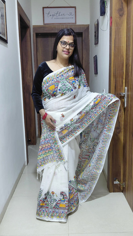 Ivory Linen Madhubani Saree | Rangika Studio