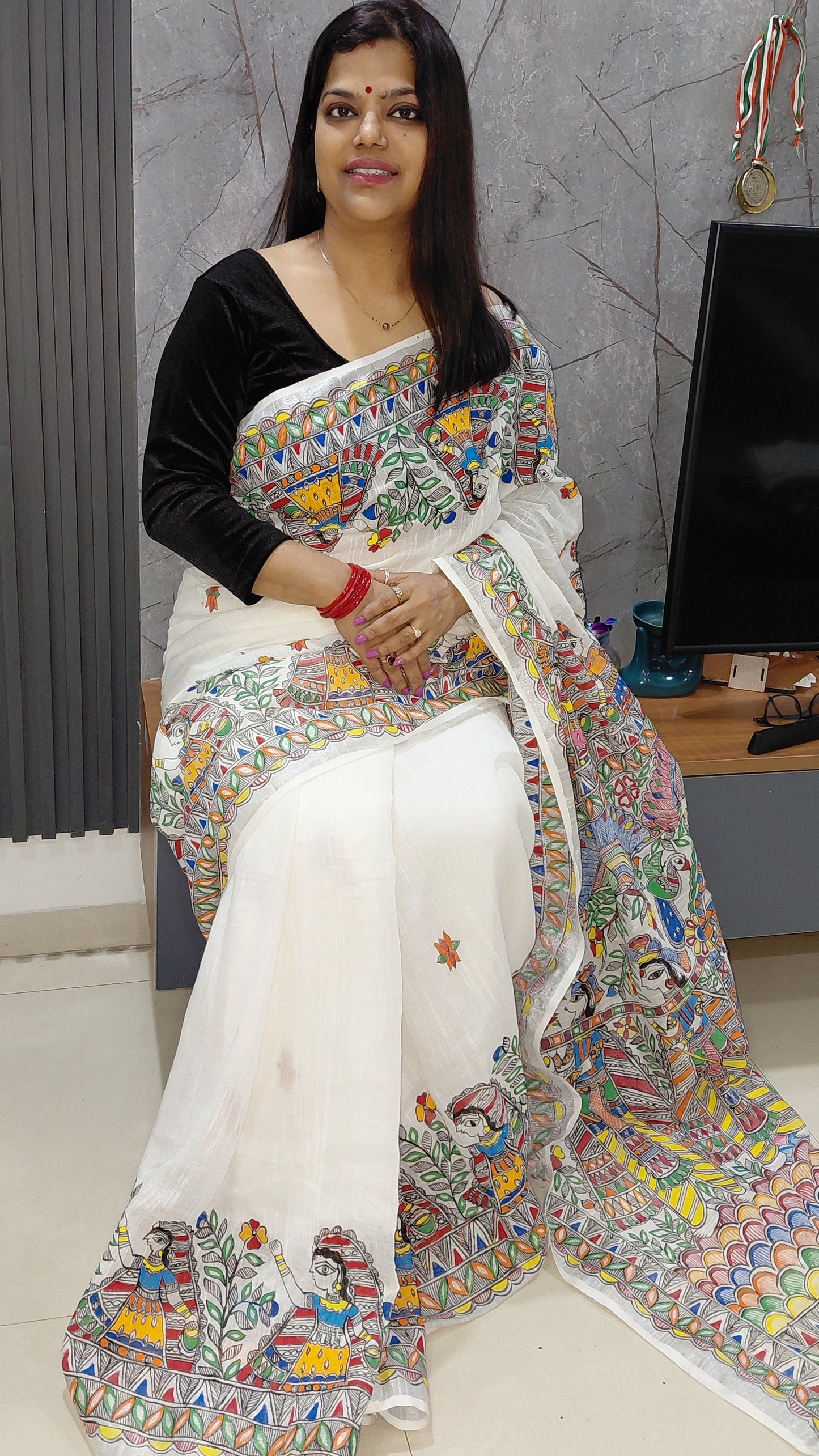 Ivory Linen Madhubani Saree | Rangika Studio