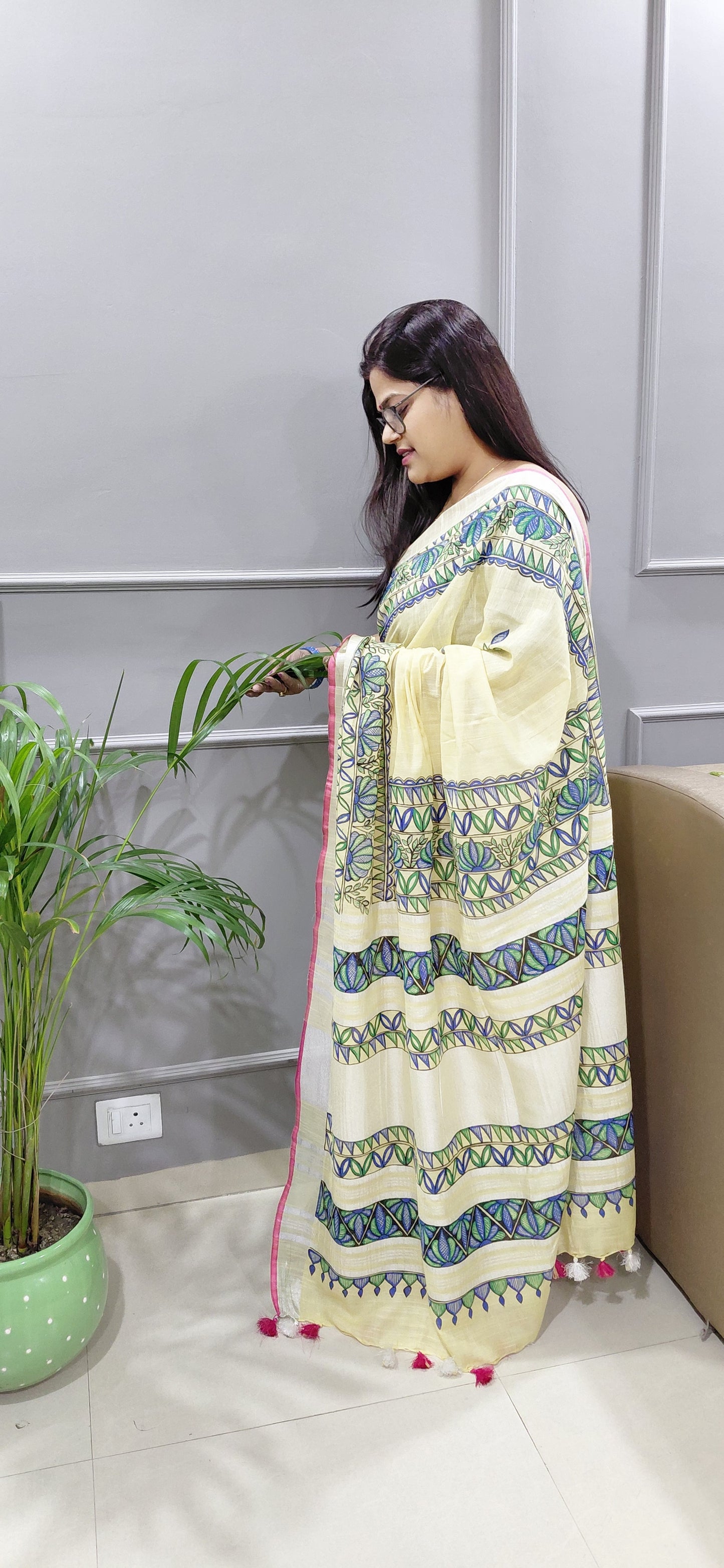 Vanilla Linen Madhubani Saree | Rangika Studio