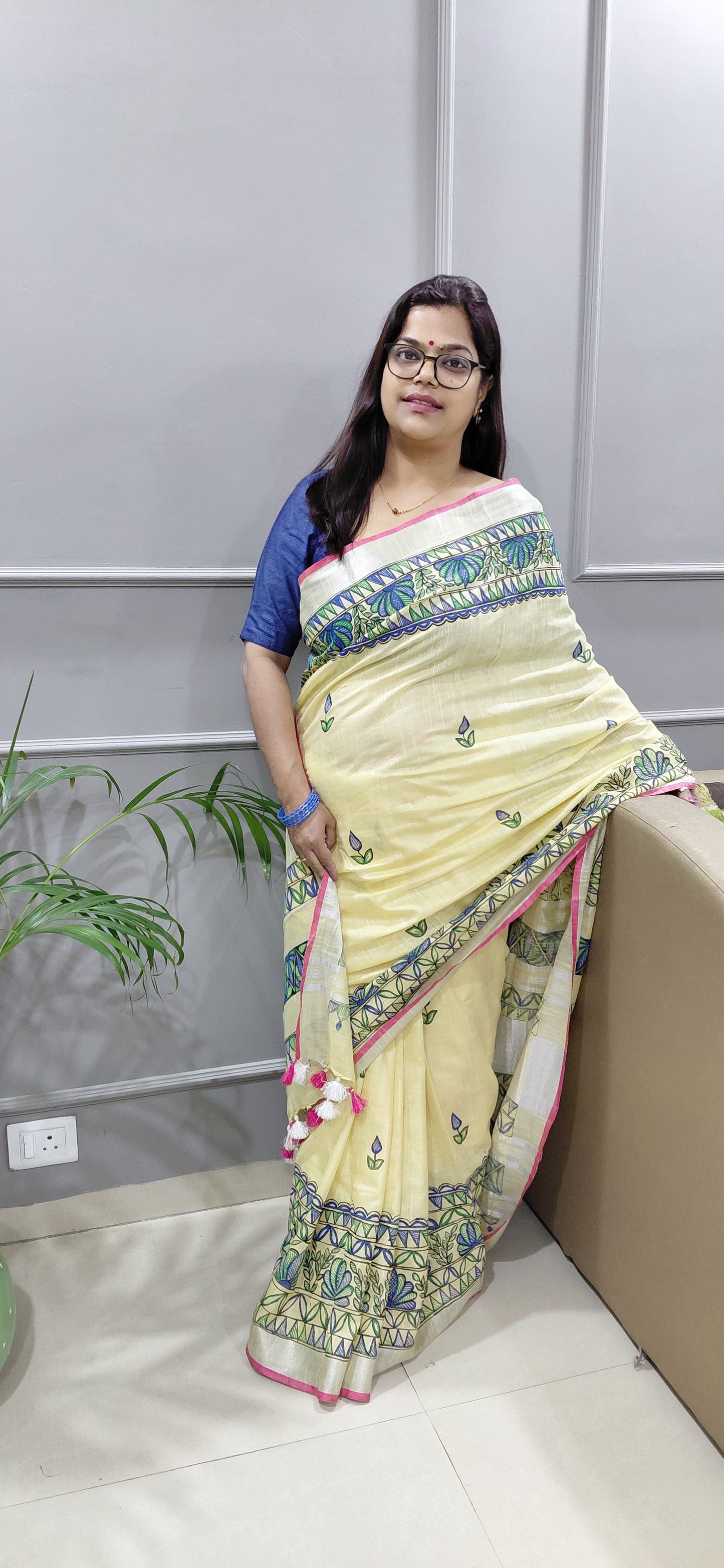 Vanilla Linen Madhubani Saree | Rangika Studio