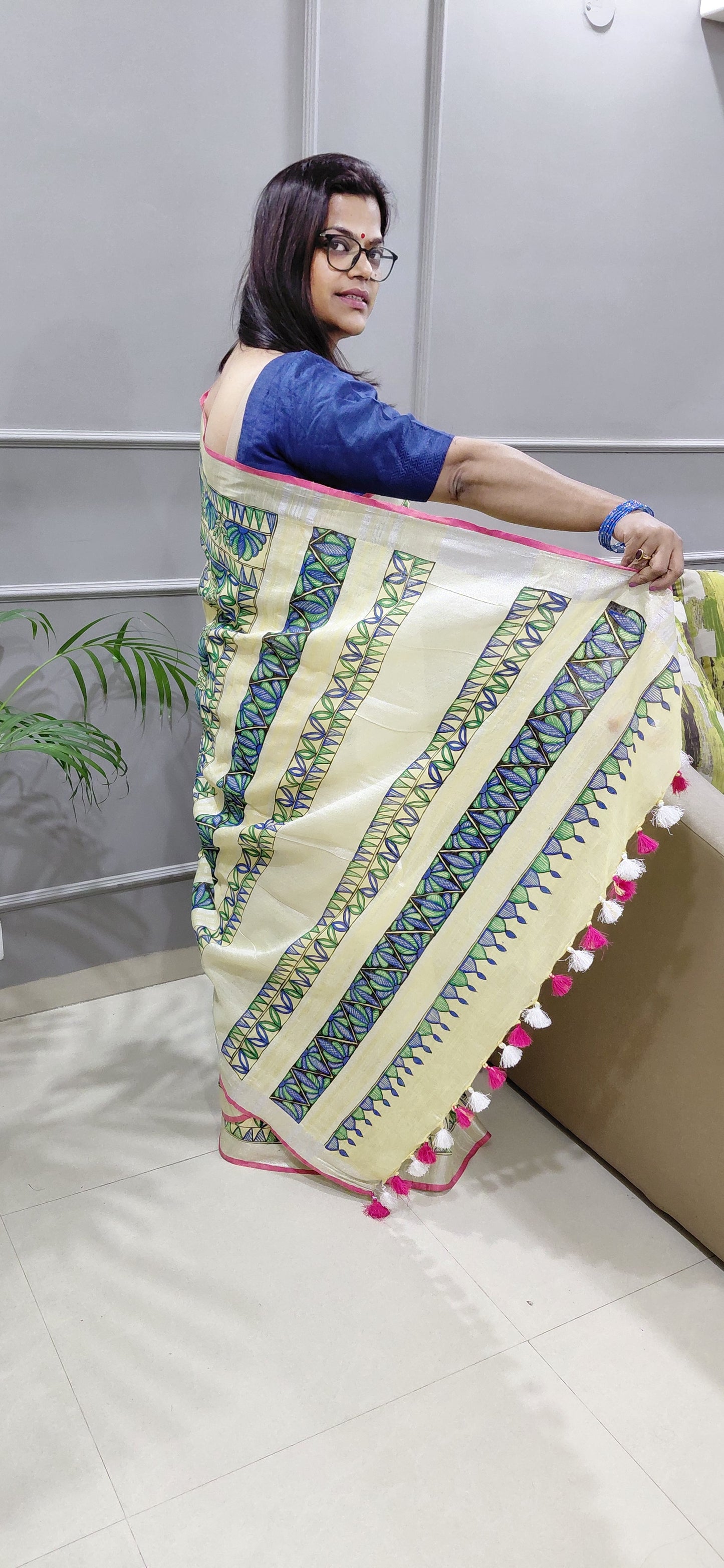 Vanilla Linen Madhubani Saree | Rangika Studio