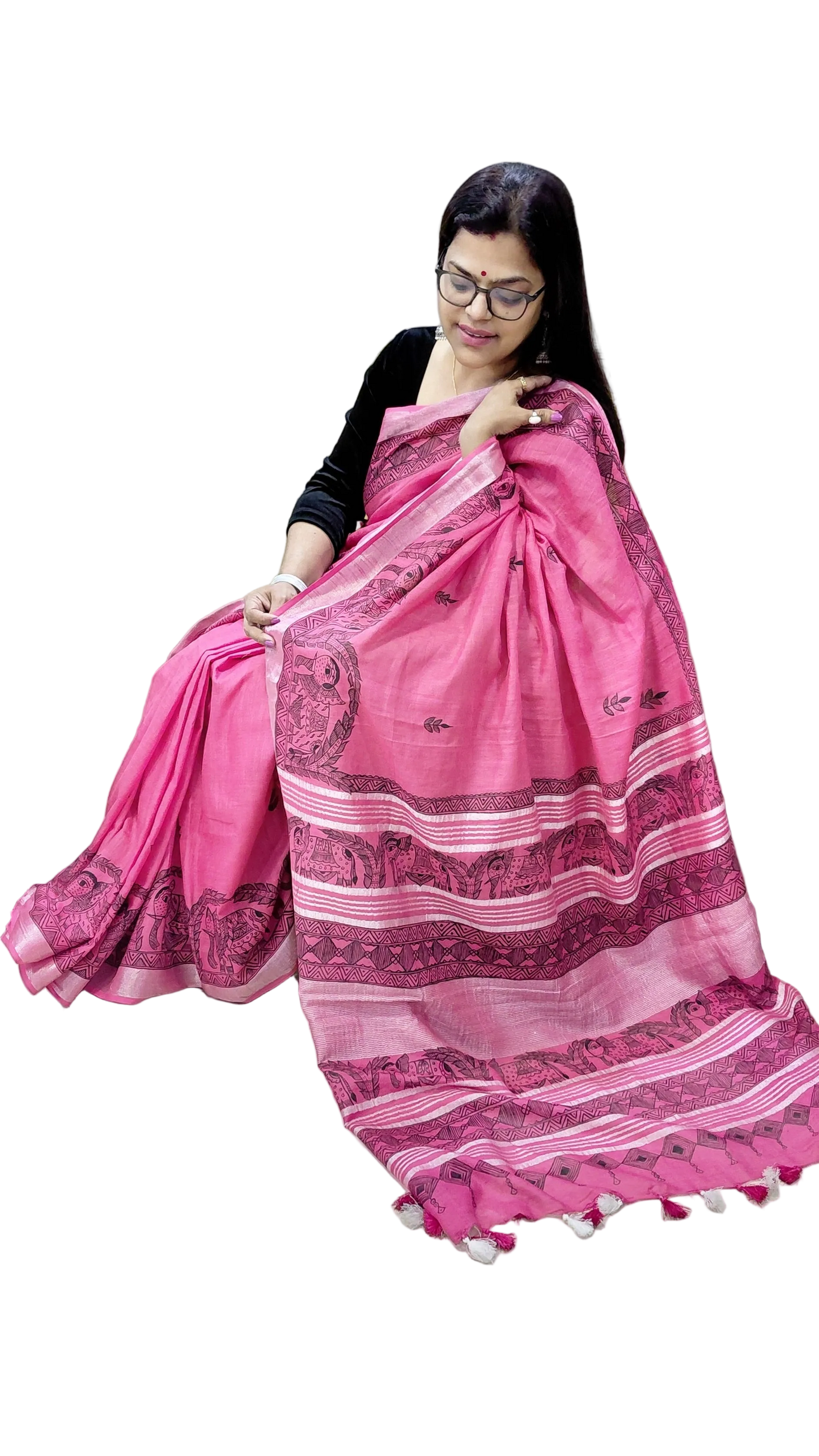 🐘Soft Pink Linen Madhubani Saree | Rangika Studio