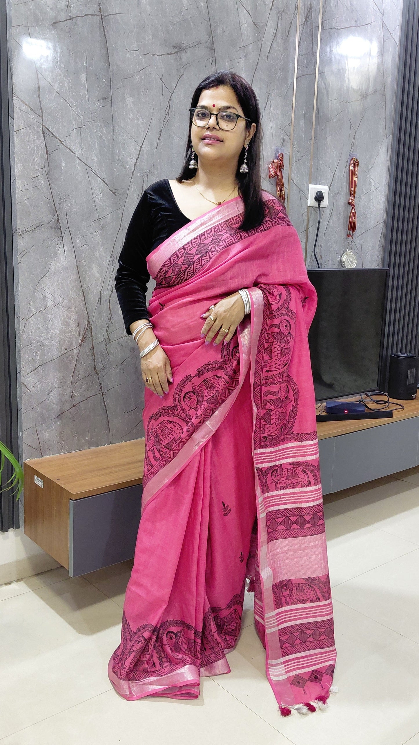 🐘Soft Pink Linen Madhubani Saree | Rangika Studio