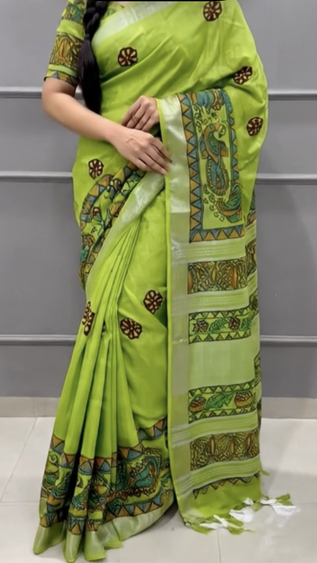 Parrot Green Linen Cotton Saree with Blouse - Peacock & Floral Motifs Hand Painted Madhubani Art