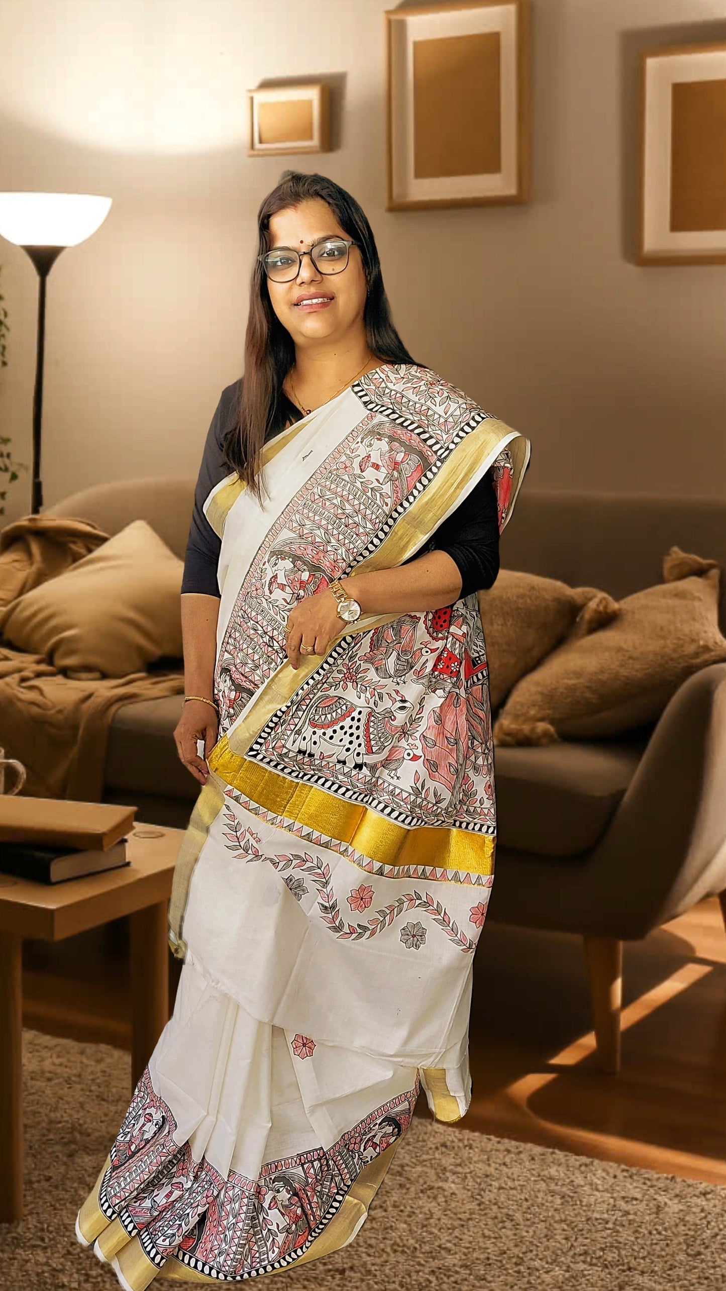 Ivory Kasavu Cotton Madhubani Saree | Rangika Studio